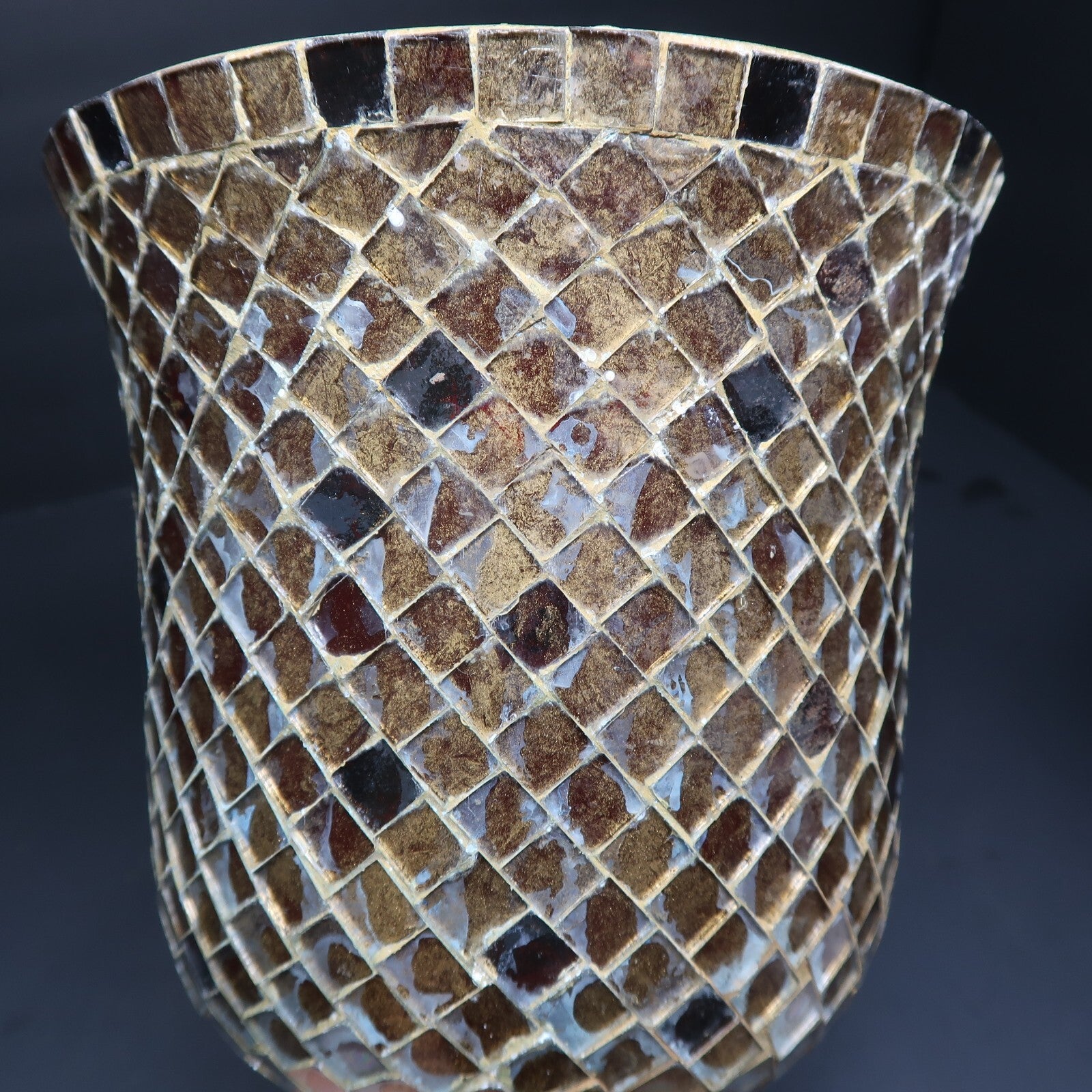 Mosaic Hurricane Candle Holder Stained Glass Brass Base 11”