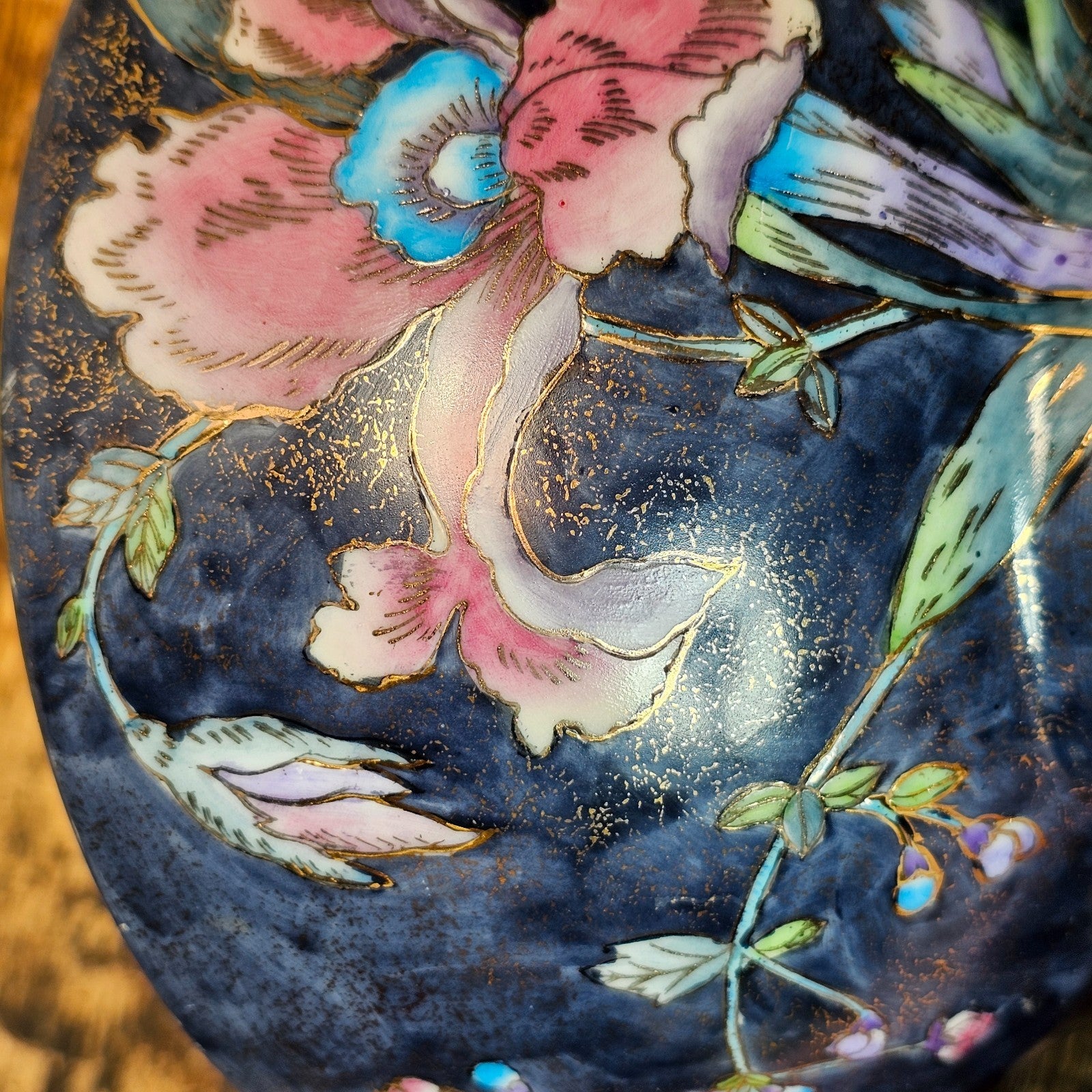 Vintage Chinese Export Ware Porcelain Bowl with Hand-Painted Iris & Gold Leaf