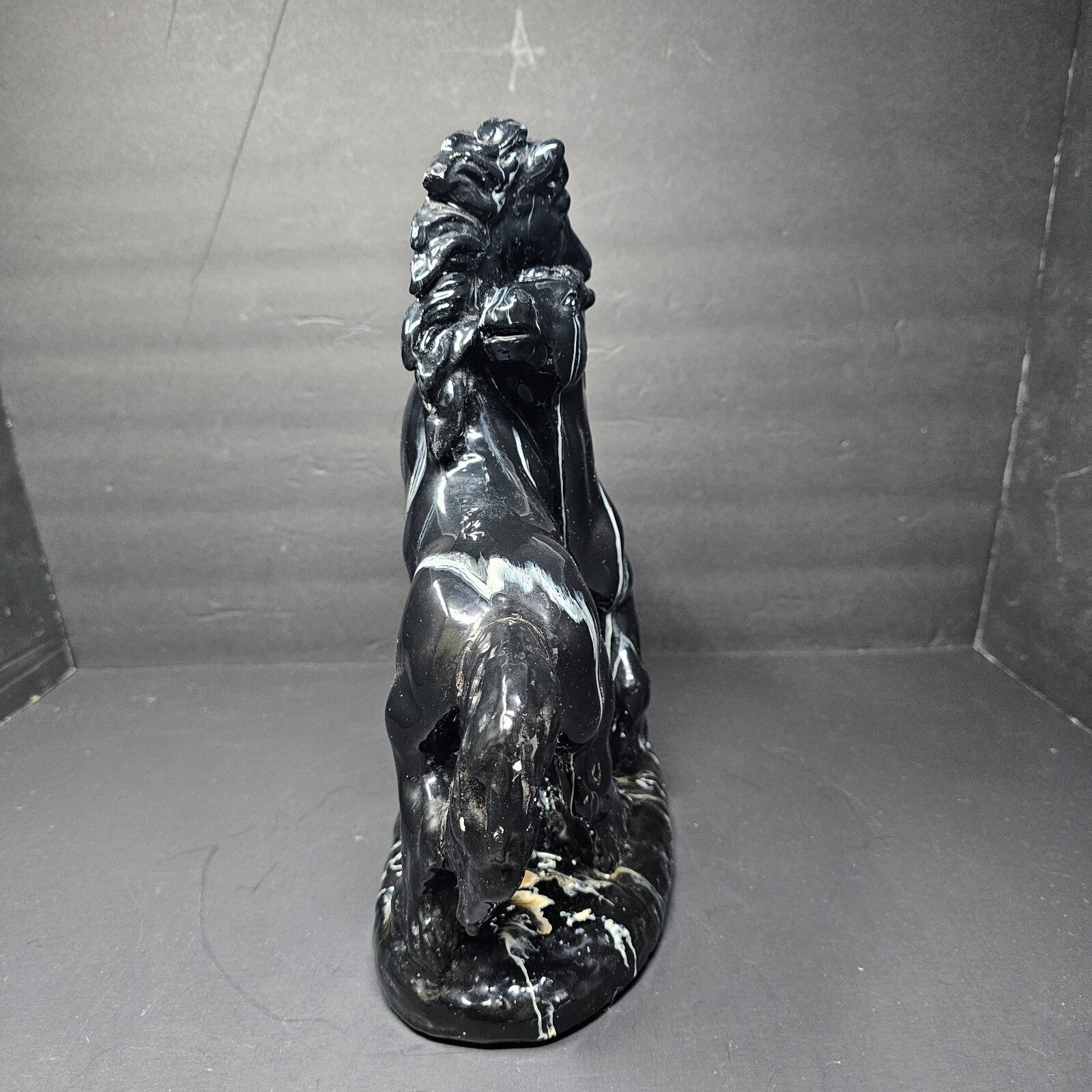 Two Black Stallions Sculpture Glazed Plaster Marble Swirl Statue Vintage