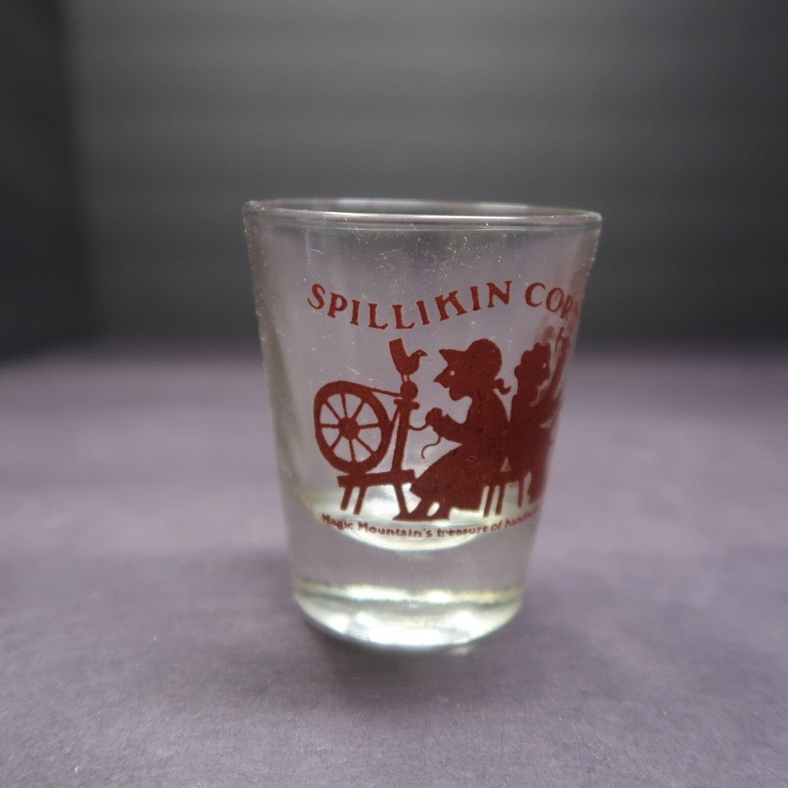Vintage Spillikin Corners Shot Glass Magic Mountain Train Stop Souvenir H 2.3"