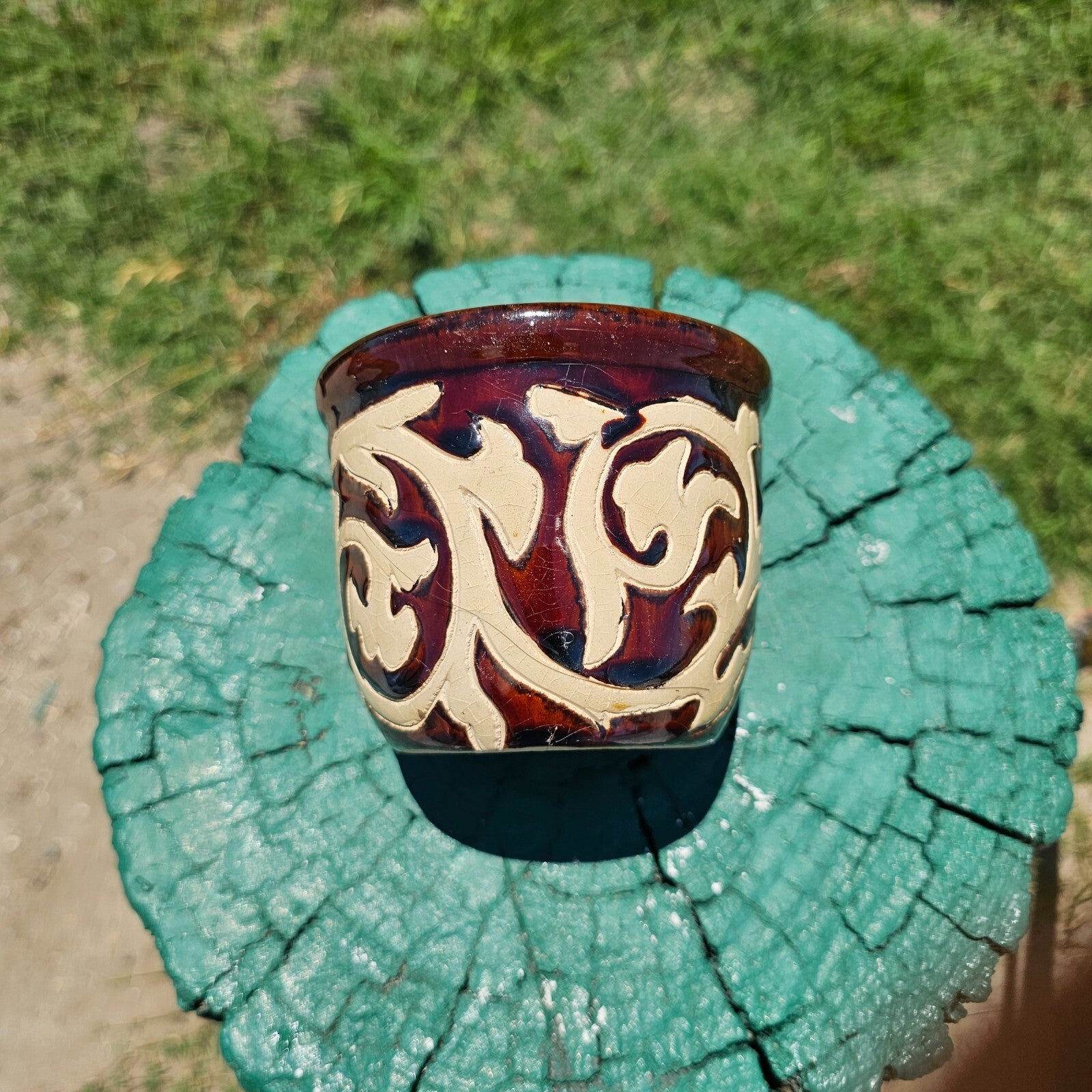 Studio Pottery Planter Earthy Tones And Abstract Pattern 4.30" Dia x 3.5" H