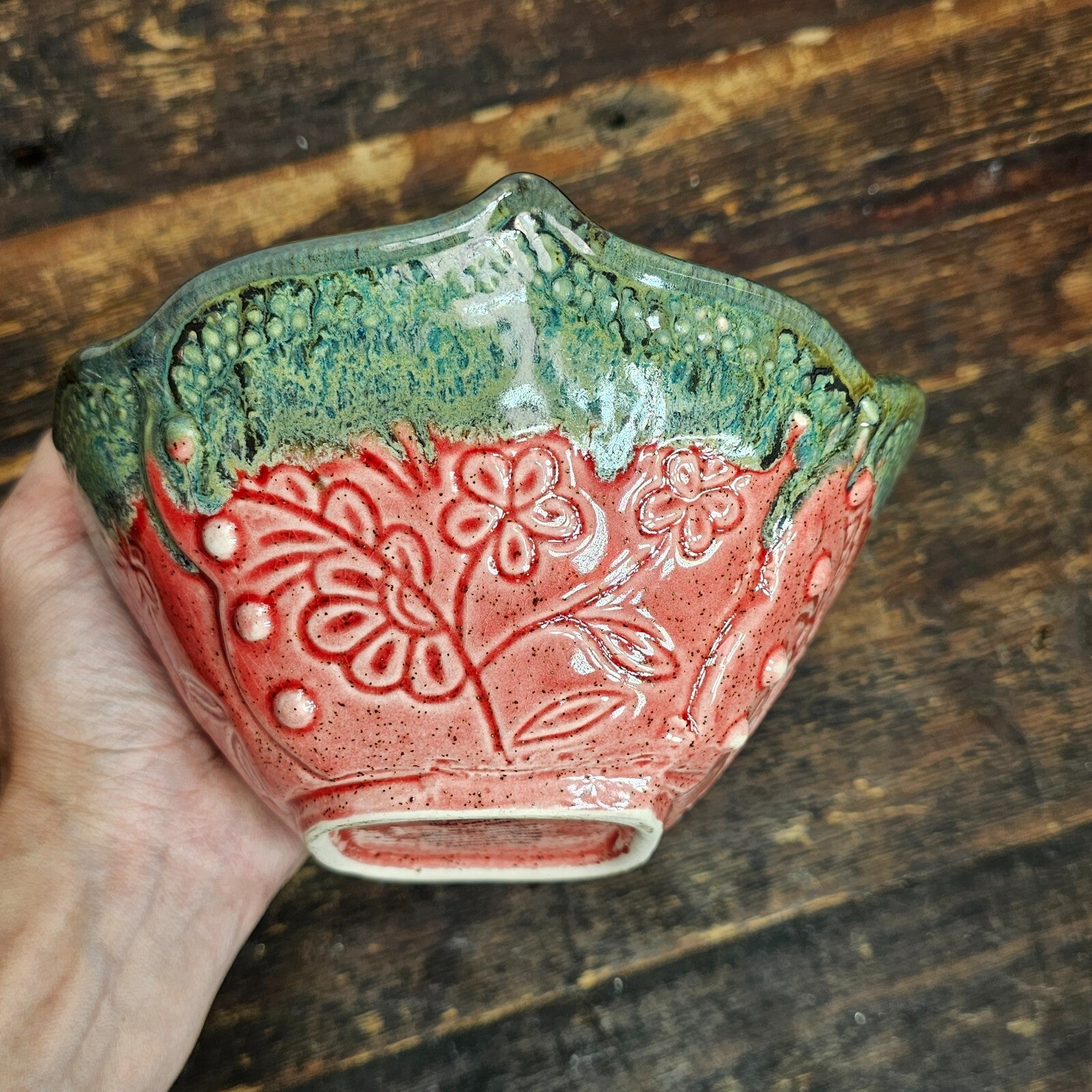 Hand Crafted Pottery Nut Bowl Dish Floral Design 7.5" L x 7.5" W x 3.75" H