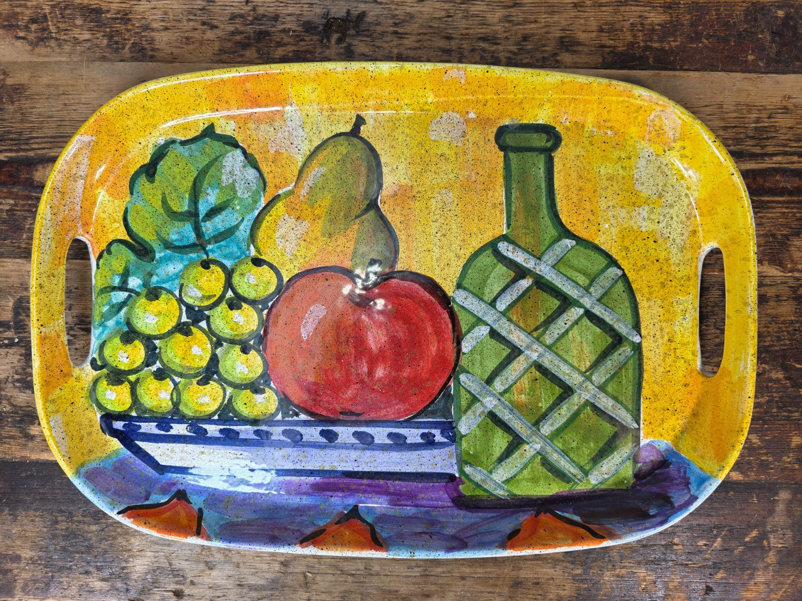 Vintage Italian Hand-Painted Pottery Tray – Fruits & Bottle Design