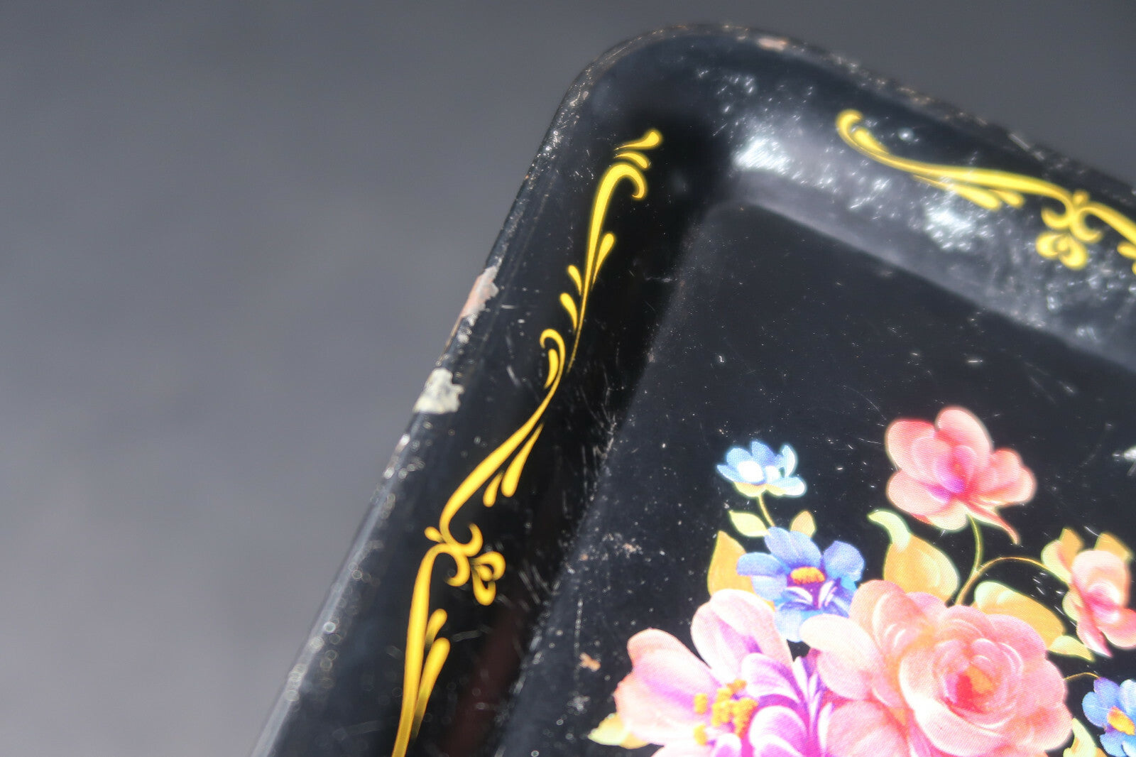 Vintage Small Metal Tray Trinket Tray Floral Print Black 6.5" x 4.5"