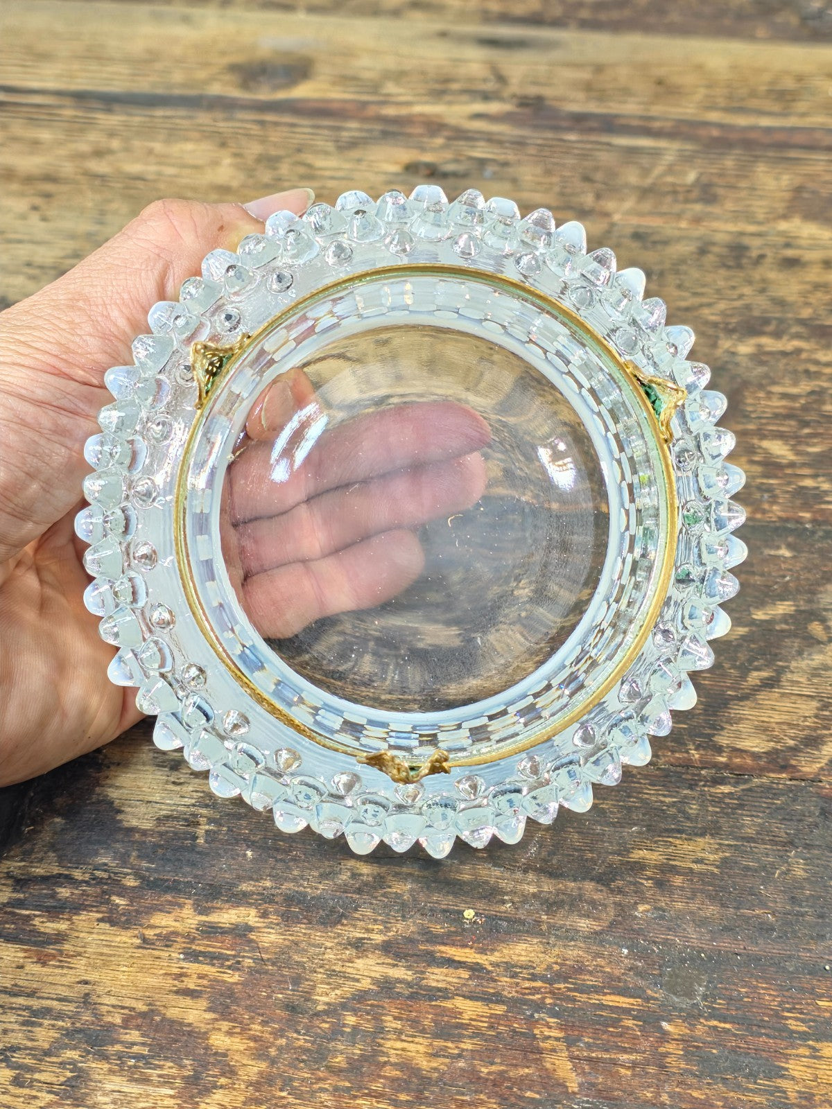 Vintage Opalescent Hobnail Glass Bowl with Fixed Ornate Brass Stand