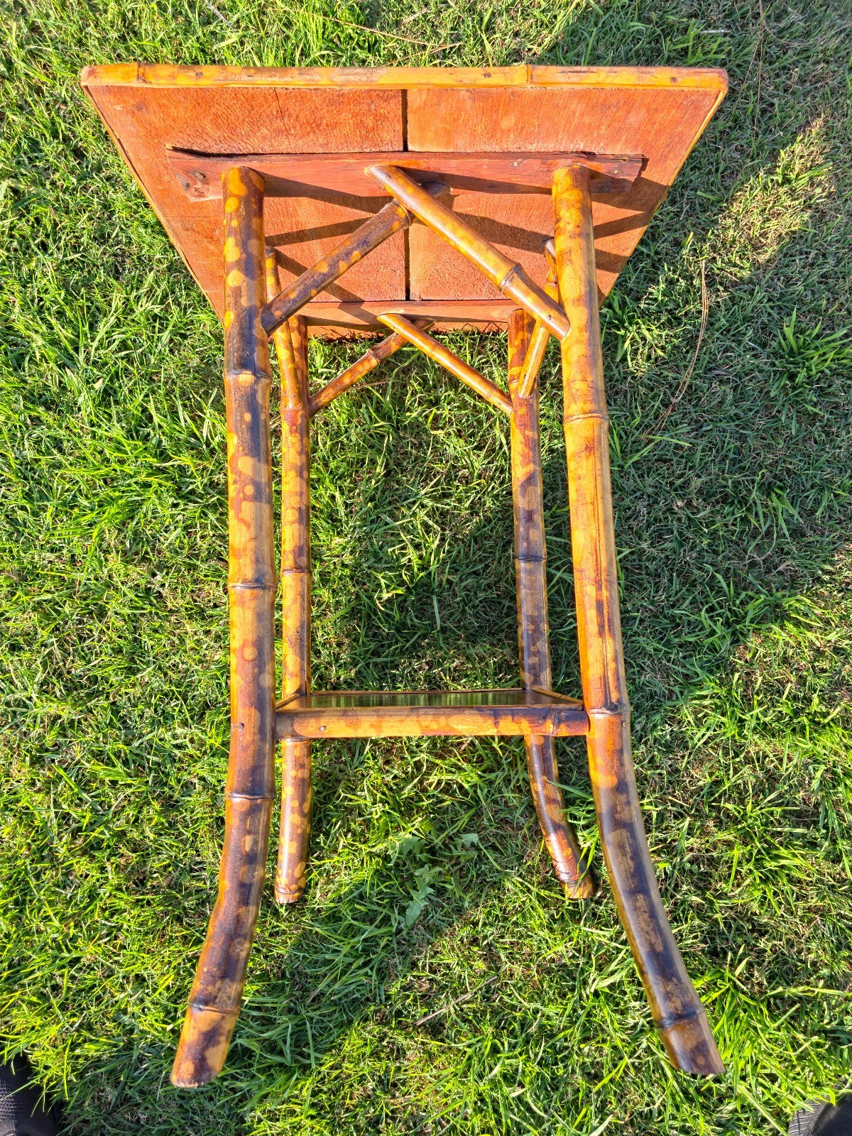 Rare Antique Chinoiserie Bamboo Table | Hand-Painted Lacquer Panels, c.1900