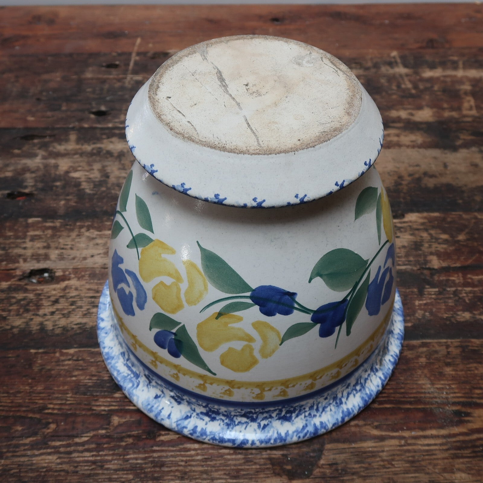 Porcelain Pot Attached Saucer Blue Yellow White Floral 9" x 9" x H 8"