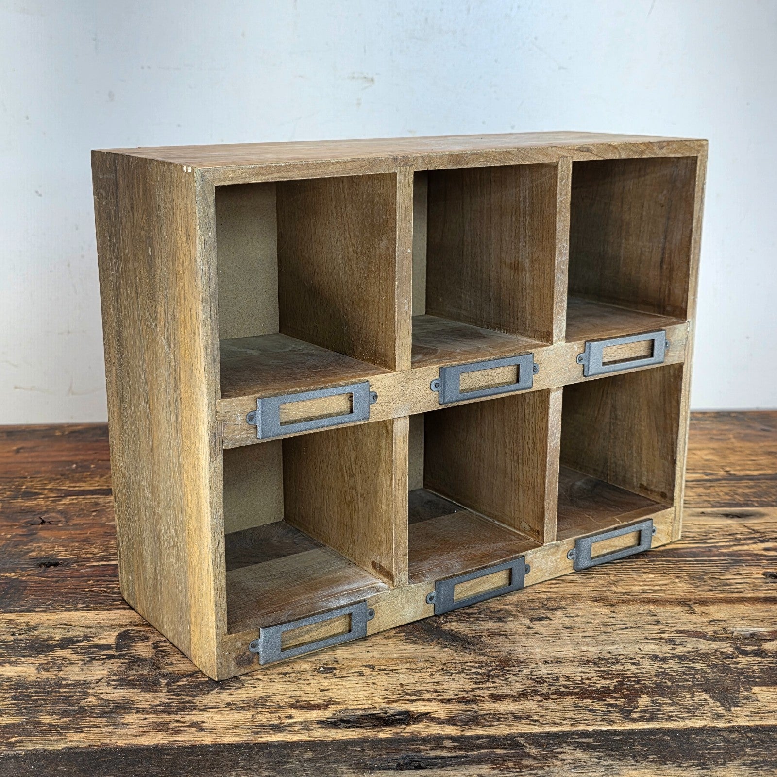 Rustic Wood 6-Cubby Wall Shelf / Desktop Organizer with Metal Label Holders