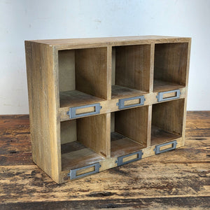 Rustic Wood 6-Cubby Wall Shelf / Desktop Organizer with Metal Label Holders