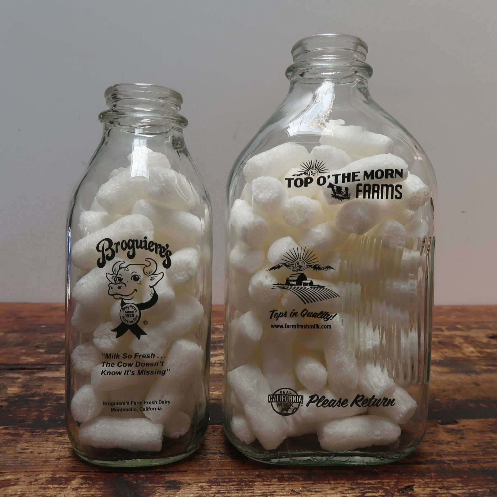 Broguiere's Dairy "Real California Milk"  & Top O’ The Morn Farms Glass Bottles
