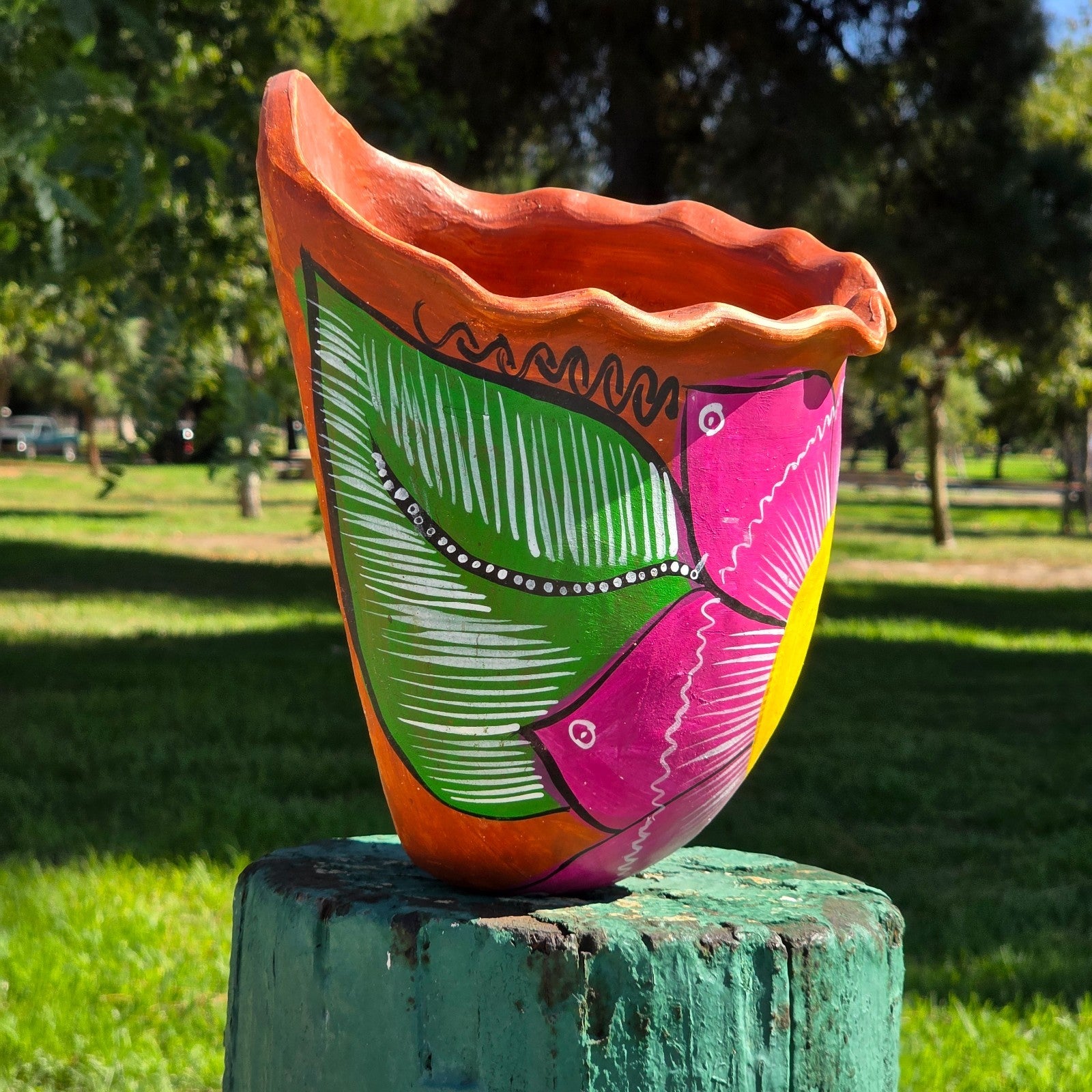 Mexican Atzompa Hand-Painted Floral Terracotta Wall Planter Oaxaca Folk Art