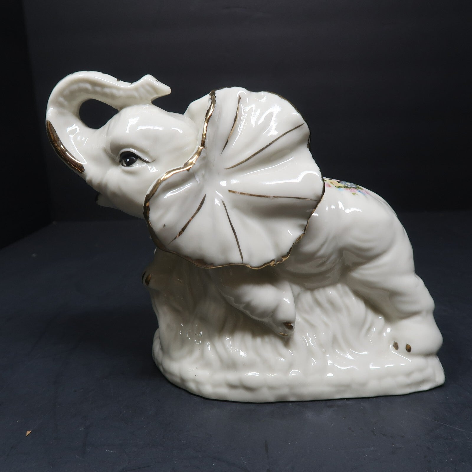 Elephant Mother & Baby White Porcelain Floral Figurine Gold Accents