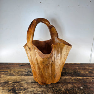 Large Wood Burl Root Hand Carved Bowl Basket with Handle 13.5" x 13.5" x 19.5"H