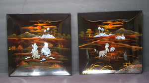 Set of 2 Vietnamese Lacquerware Platter Mother of Pearl Inlay Rural Scene 9.5"