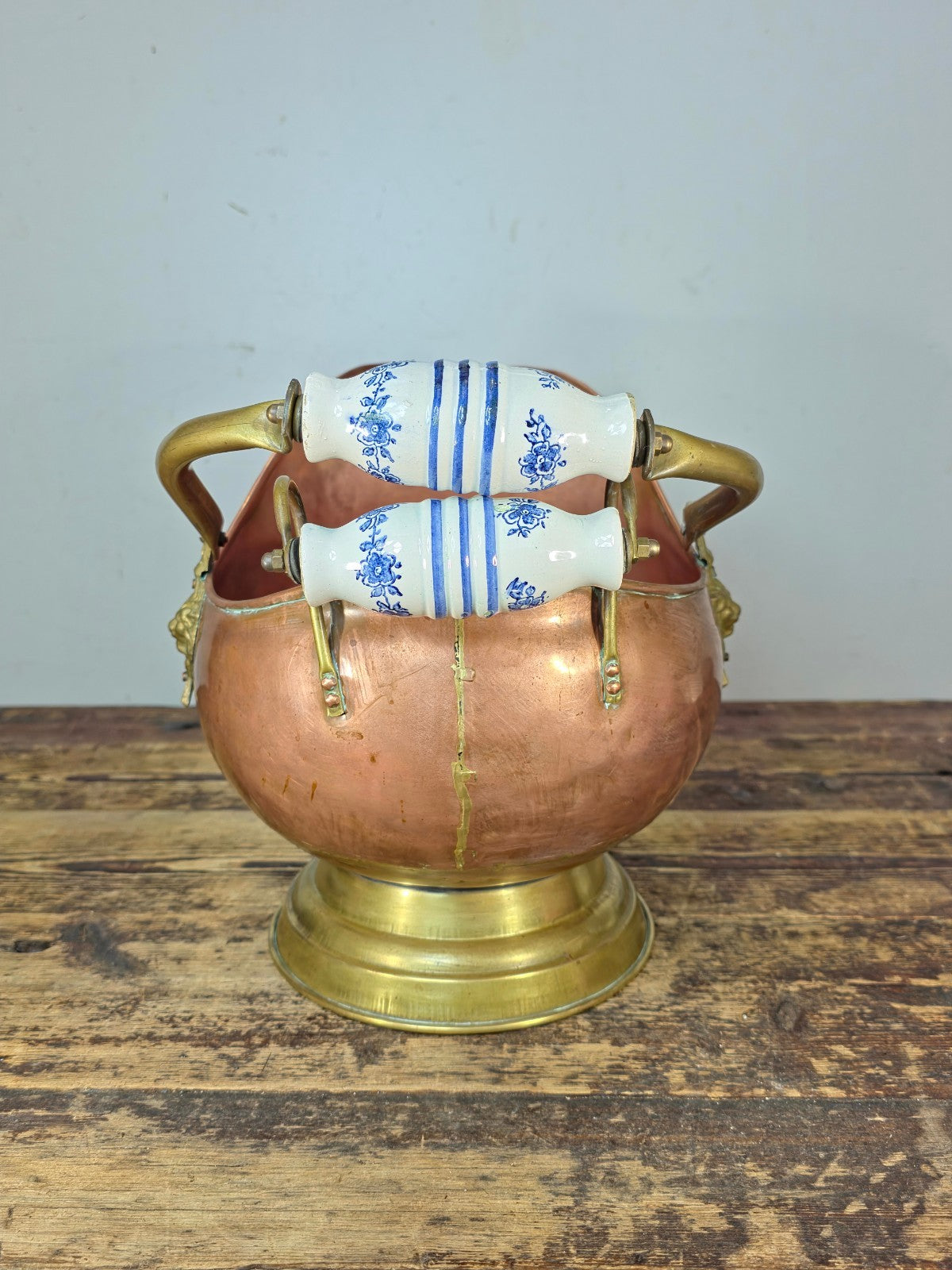 Vintage Copper & Brass Coal Scuttle w/ Delft-Style Ceramic Handles & Lion Heads