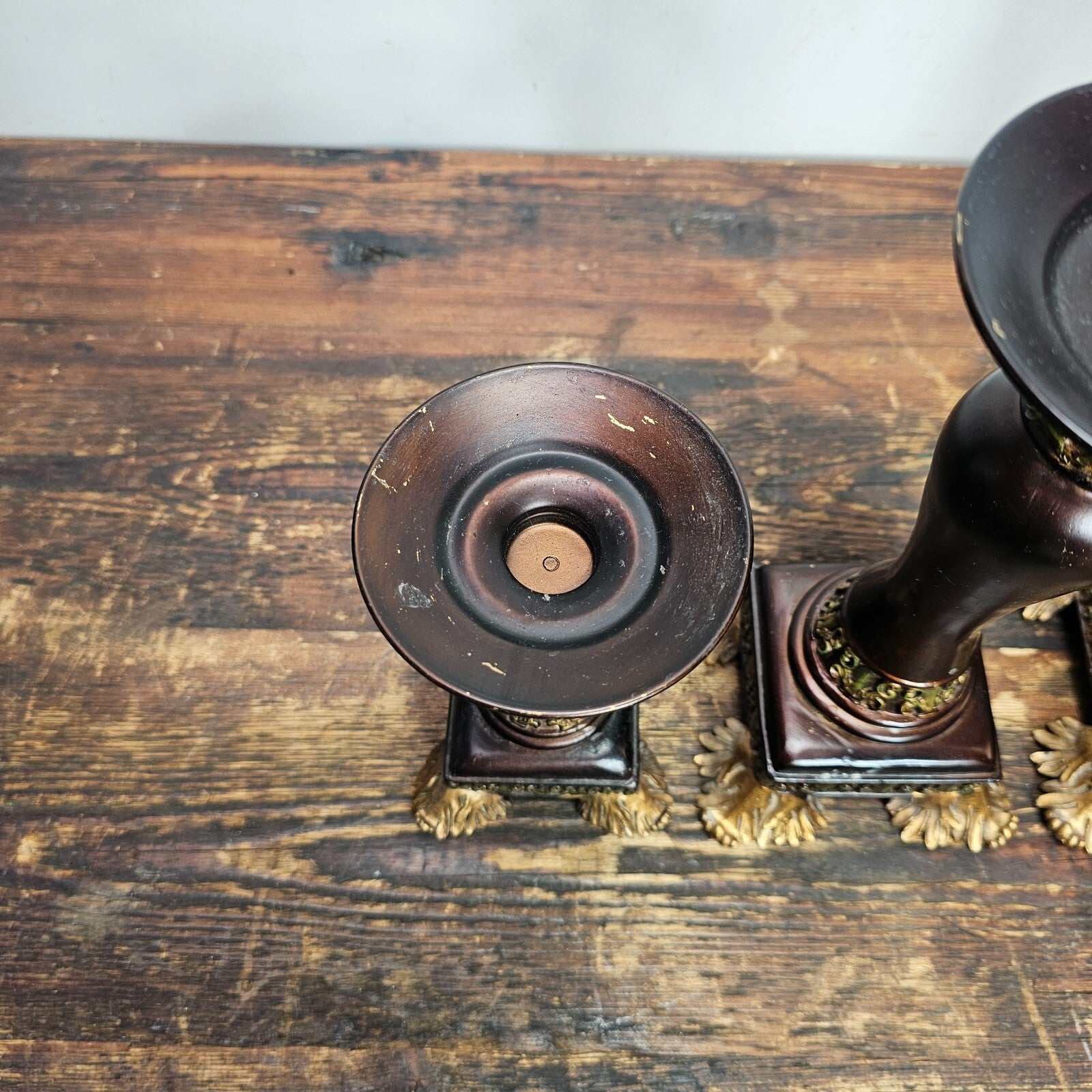 Set of 3 Ornate Resin Candle Holders With Metal Candle Drip Tray