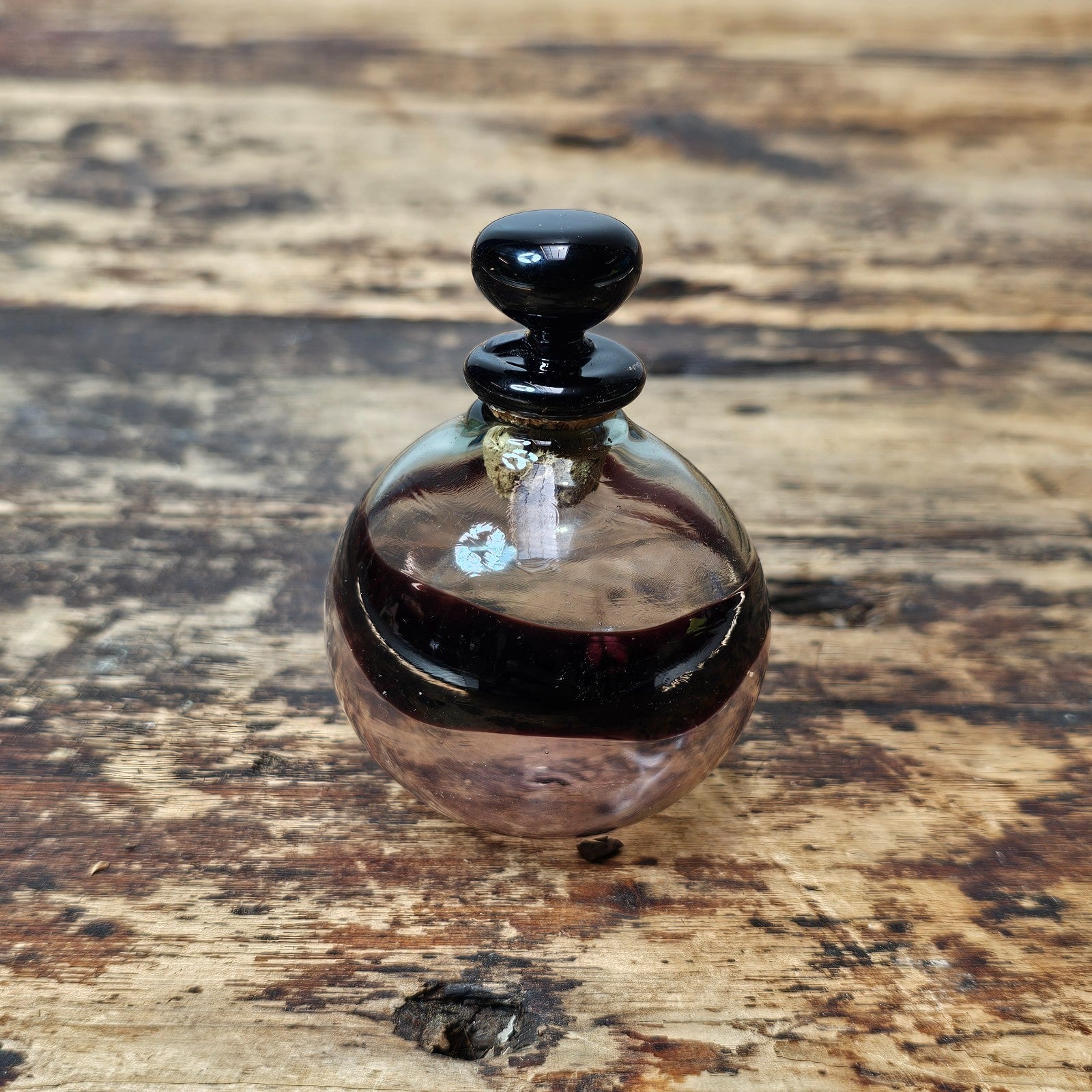 Vintage Hand-Blown Glass Bottle with Stopper 2"Dia. x 3"H
