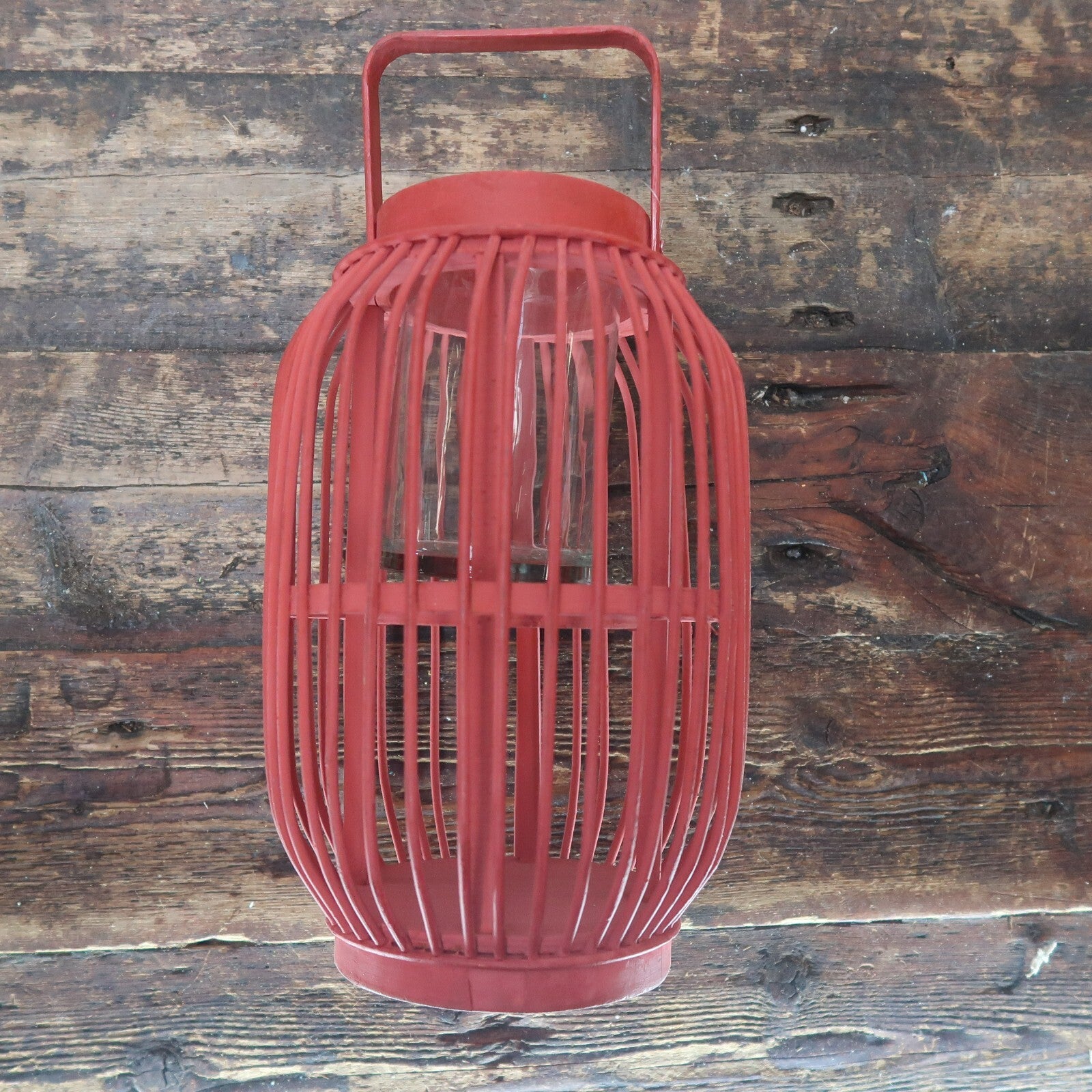 Red Bamboo Candle Lantern With Handle 7.5" x 7.5" x H 11.5"