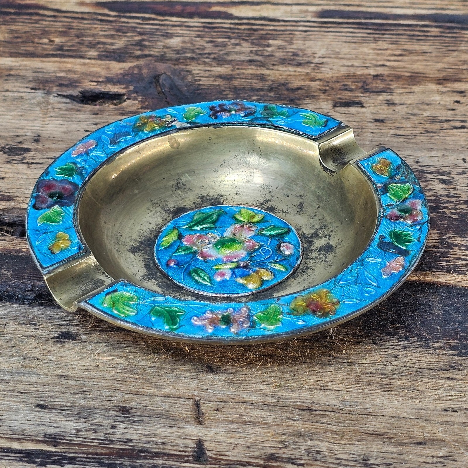 Vintage Chinese Cloisonné Enamel & Brass Ashtray | Ornate Floral Motif 5.25"