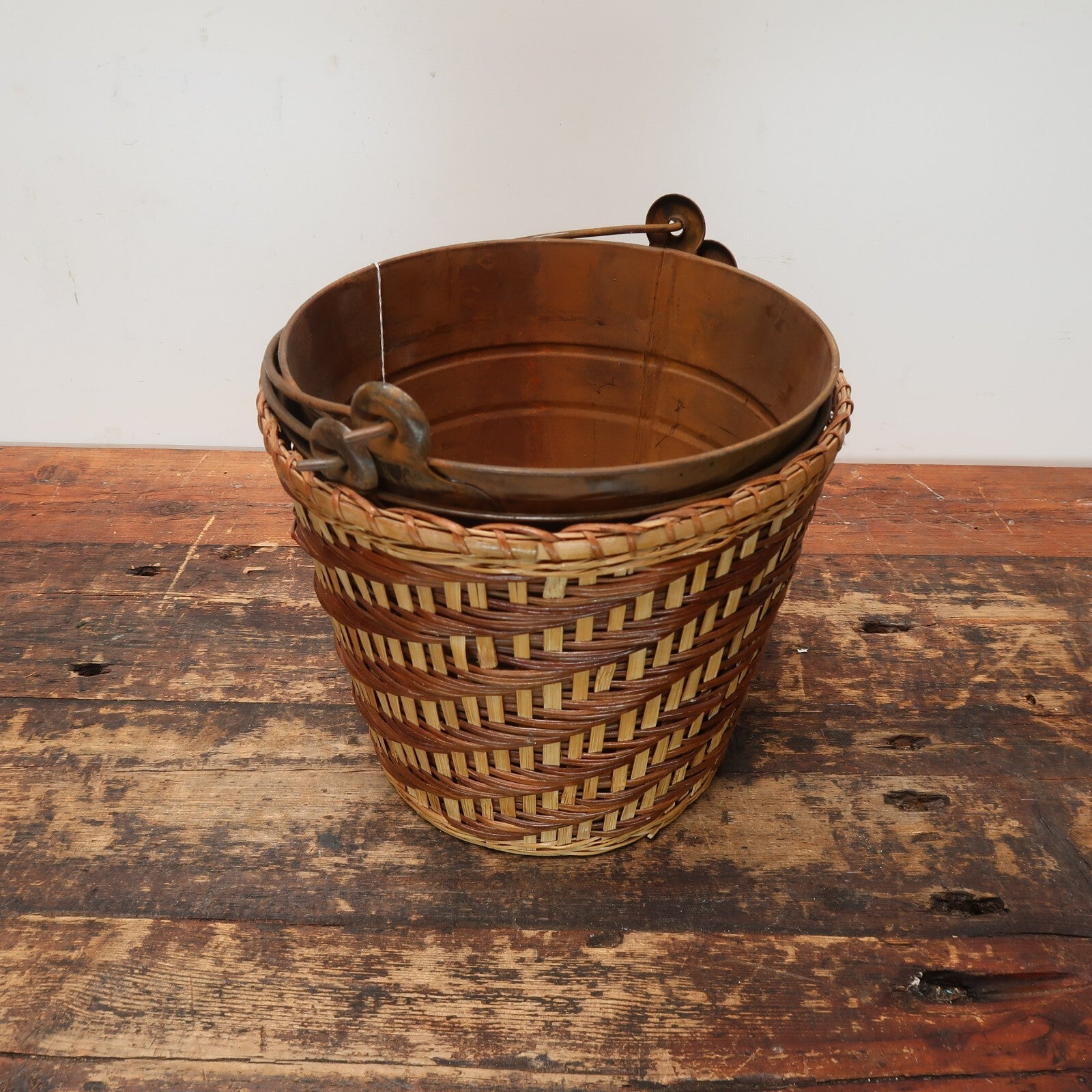 2 Rustic Metal Pails + 1 Wicker Basket 9" x 9" x H 7.5" Plant Pots Trash Cans