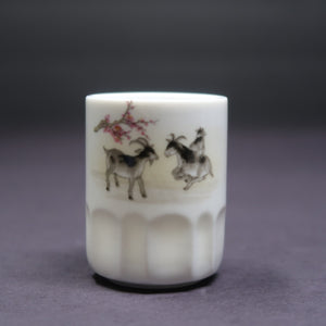 White Ceramic Shot Glass Goats & Chinese Proverbs H 2"