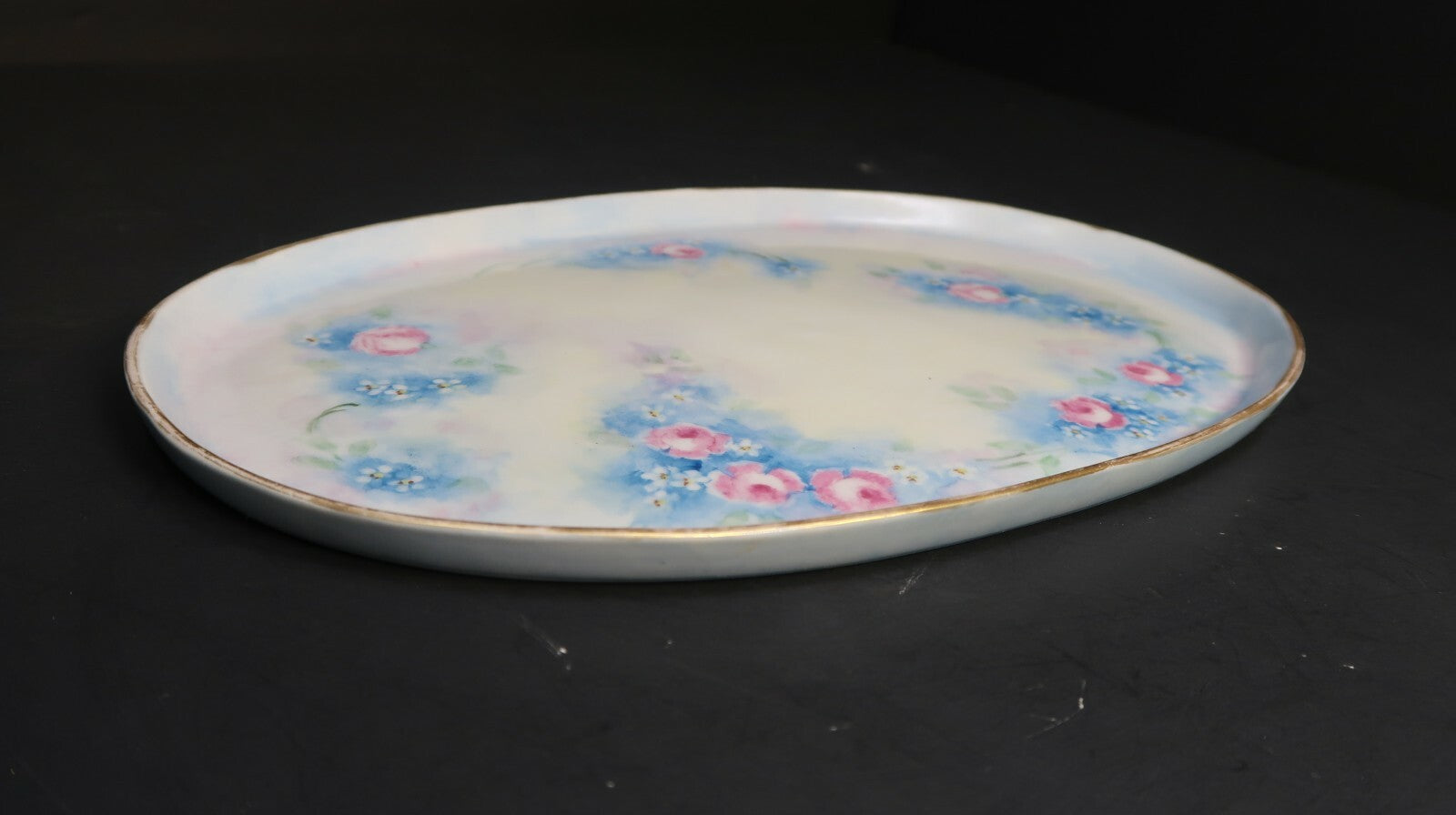 Vintage Oval Pink & Blue Rose Dish Hand Painted Floral Gold Trim Made In Japan