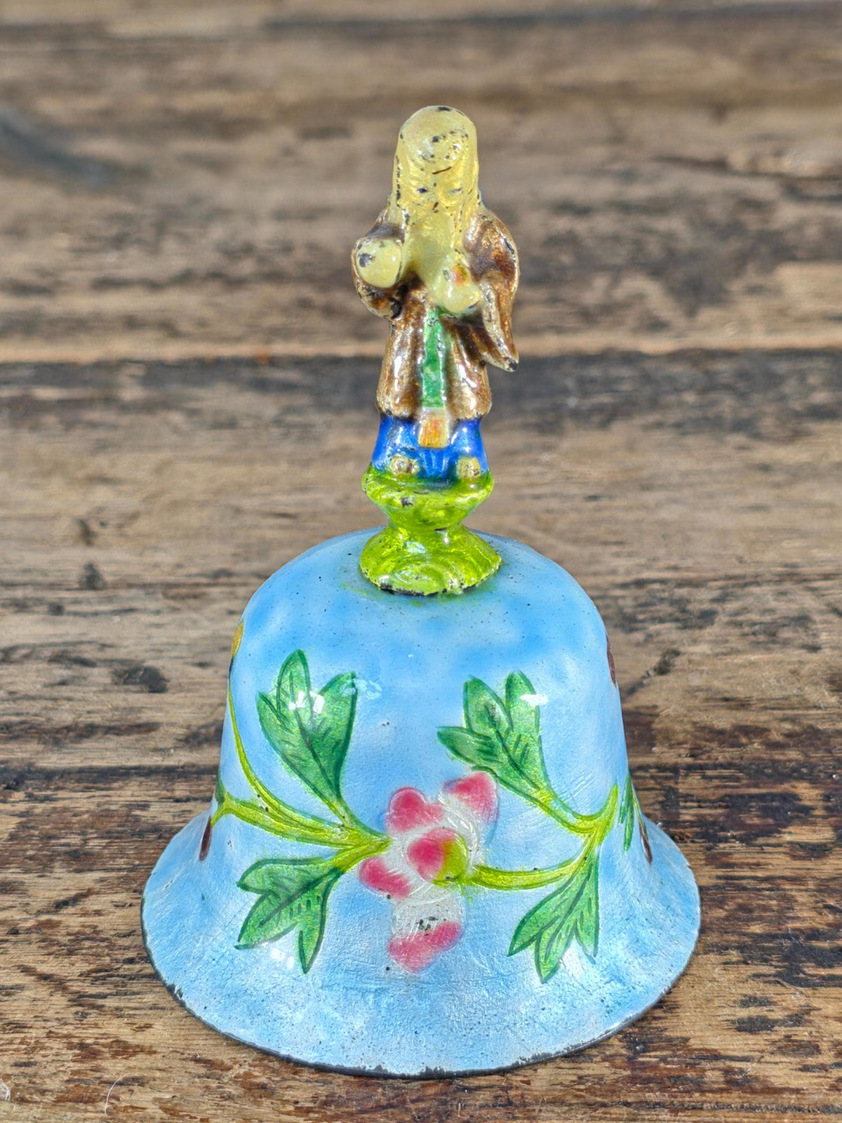 Vintage Hand Painted Enamel Metal Bell with Figure Handle, Marked CHINA