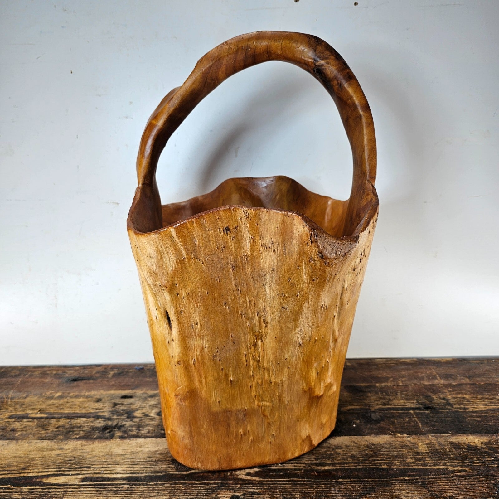Large Wood Burl Root Hand Carved Bowl Basket with Handle 13.5" x 13.5" x 19.5"H