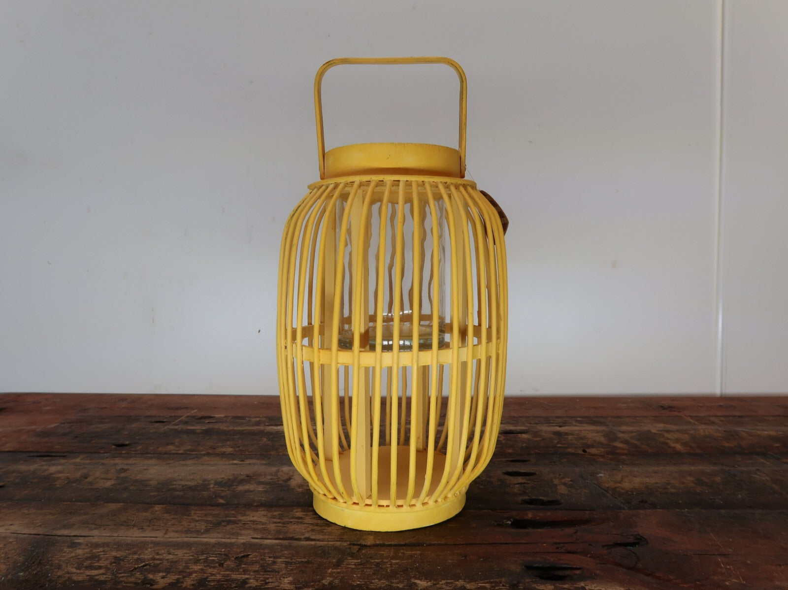 Yellow Bamboo Candle Lantern With Handle 7.5" x 7.5" x H 11.5"
