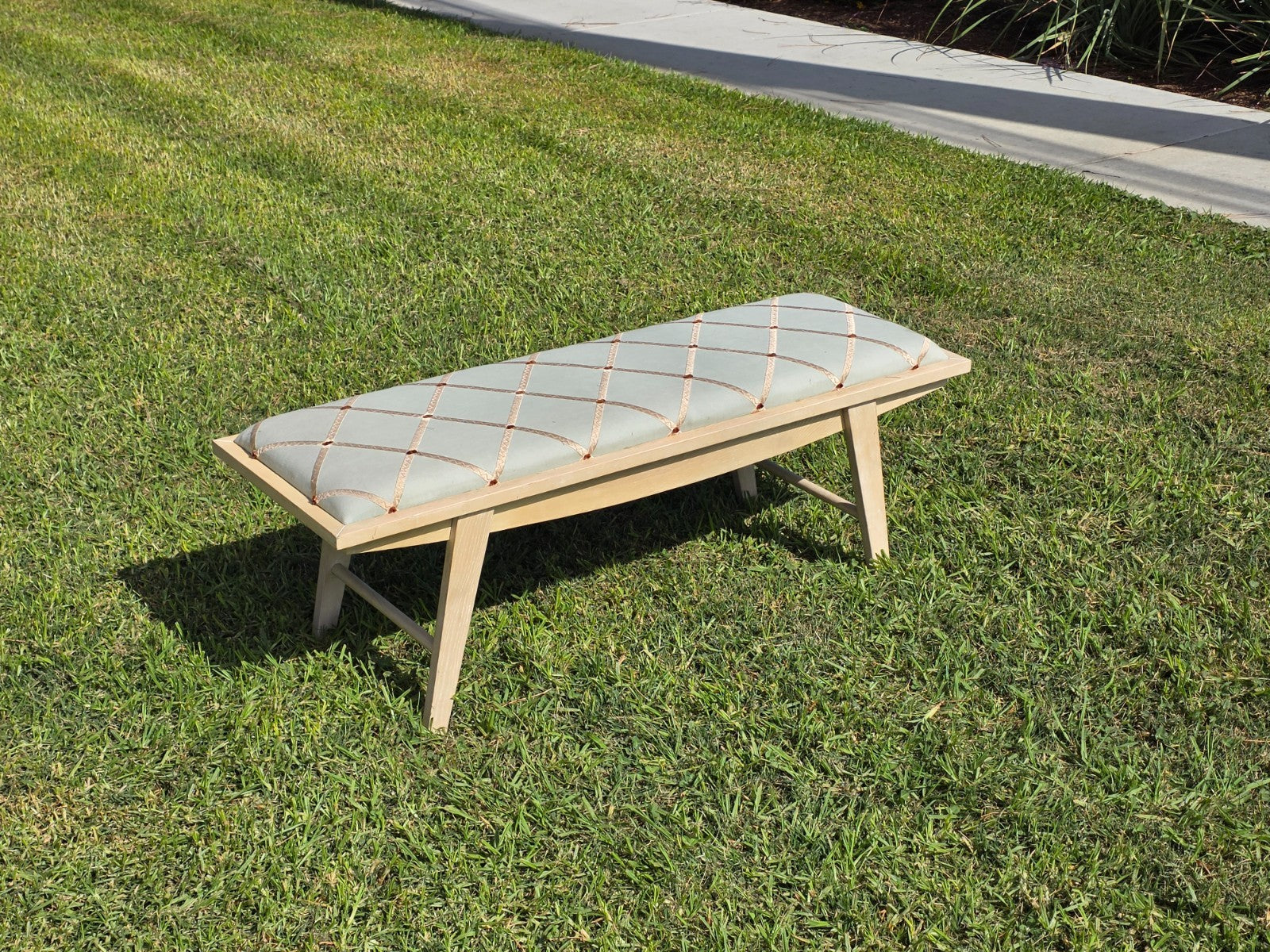 West Elm Crescent Bench Pale Blue Seat Gold Lattice Red Thread Rosette Tufts