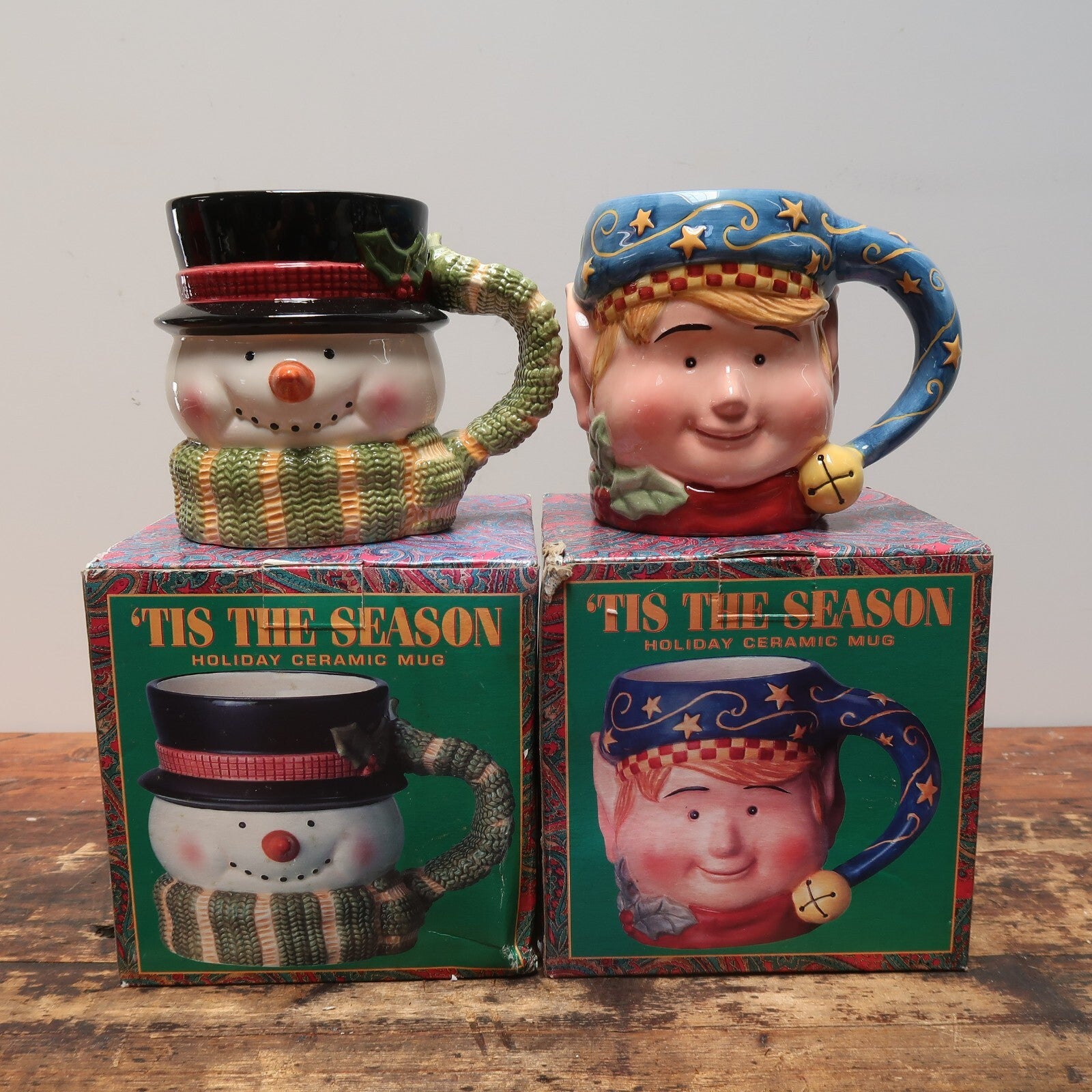 Set of 2 Tis The Season Holiday Ceramic Mug Snowman & Elf 20 oz.