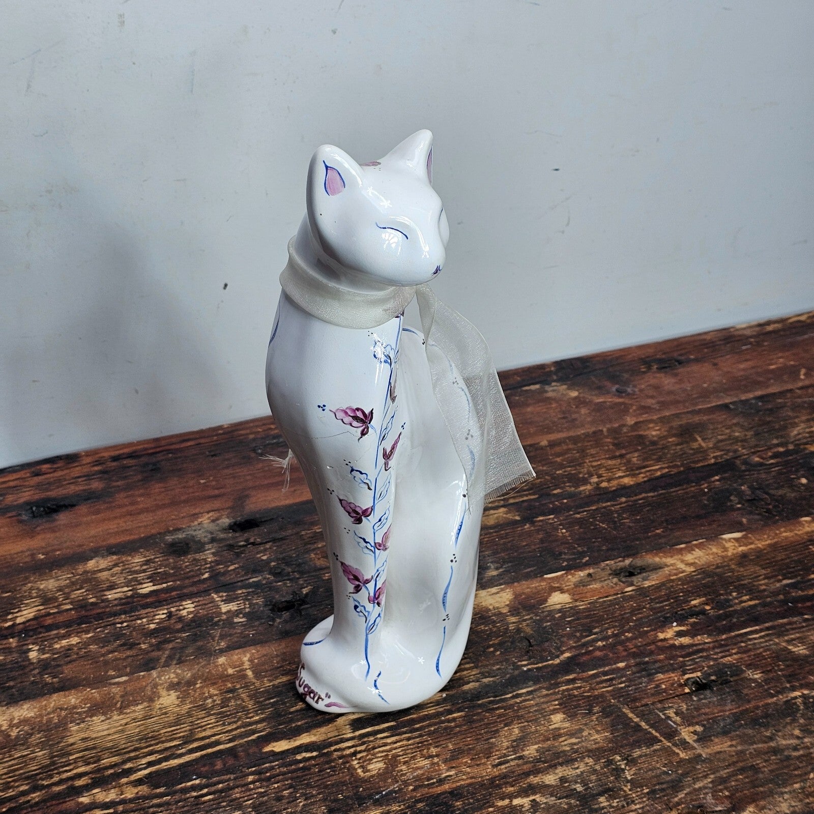 Vintage Porcelain Cat Figurine Hand-Painted Floral Signed 12" H (Has Damages)