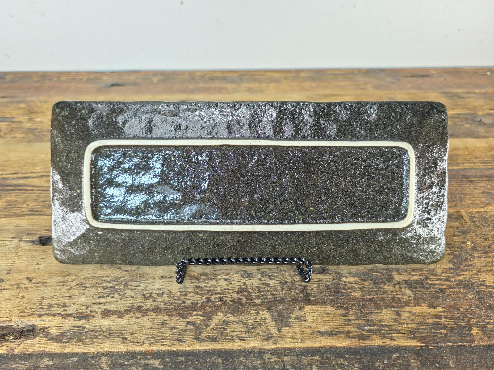 Japanese Mino Ware Rectangular Sushi Plate Green Brown Glaze 11.25" Japan