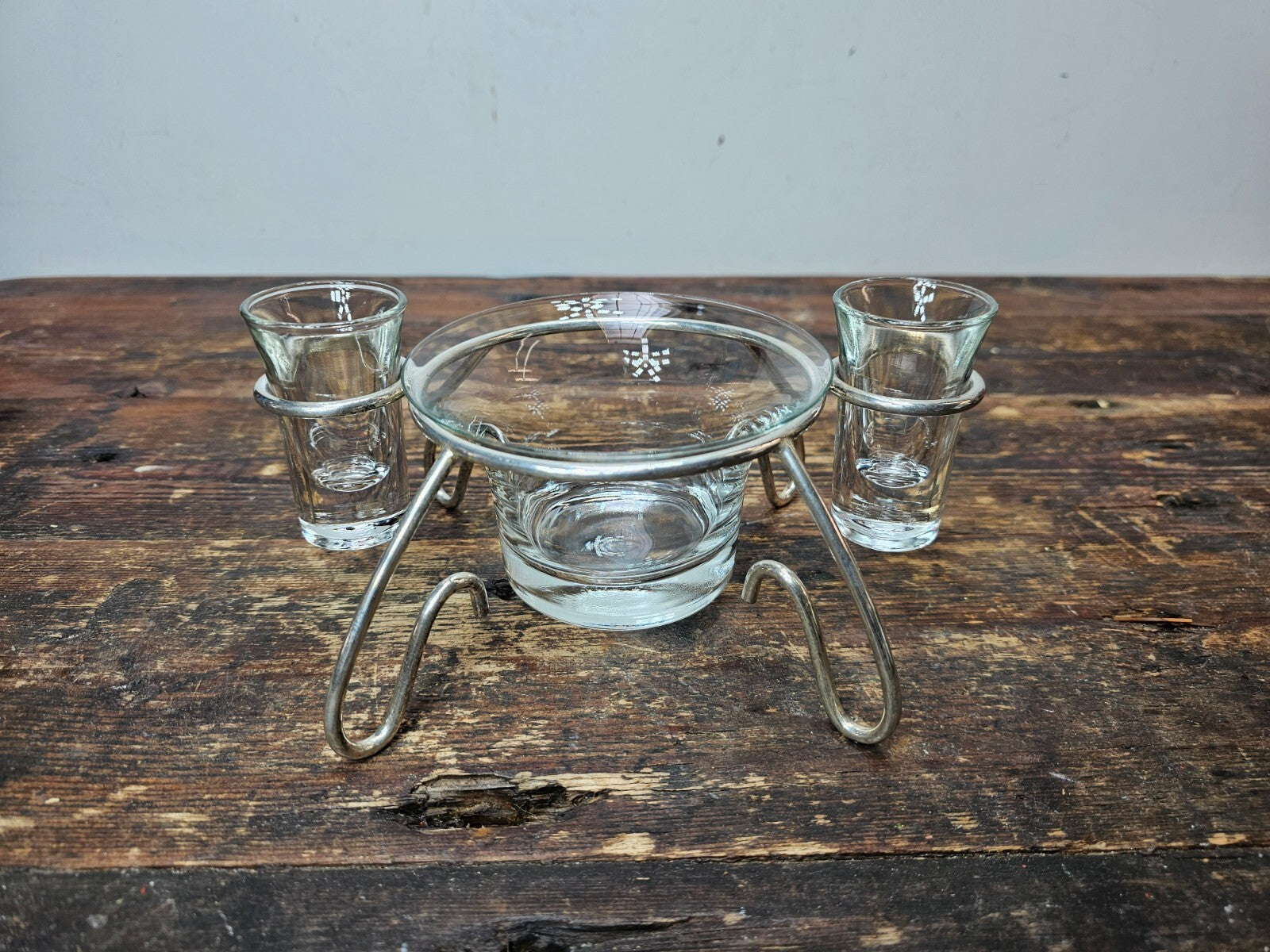 Mid Century Modern Anchor Hocking Glass Set Silver Plated Holder Stand