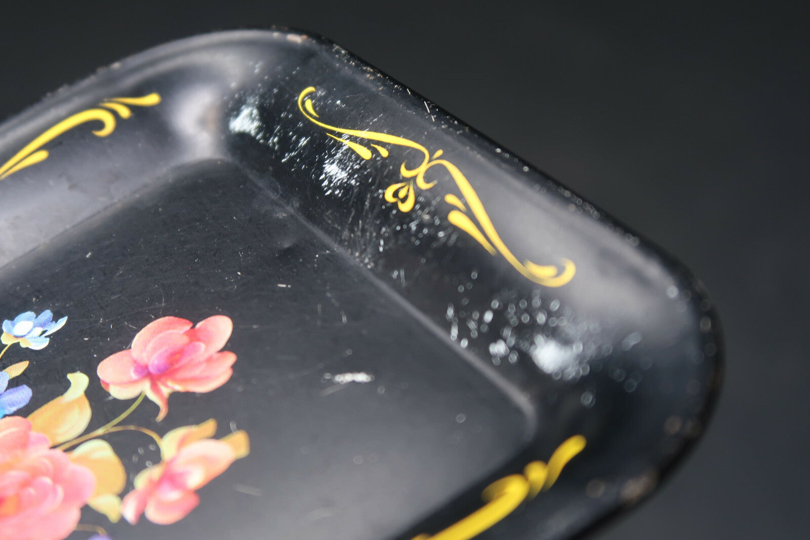 Vintage Small Metal Tray Trinket Tray Floral Print Black 6.5" x 4.5"