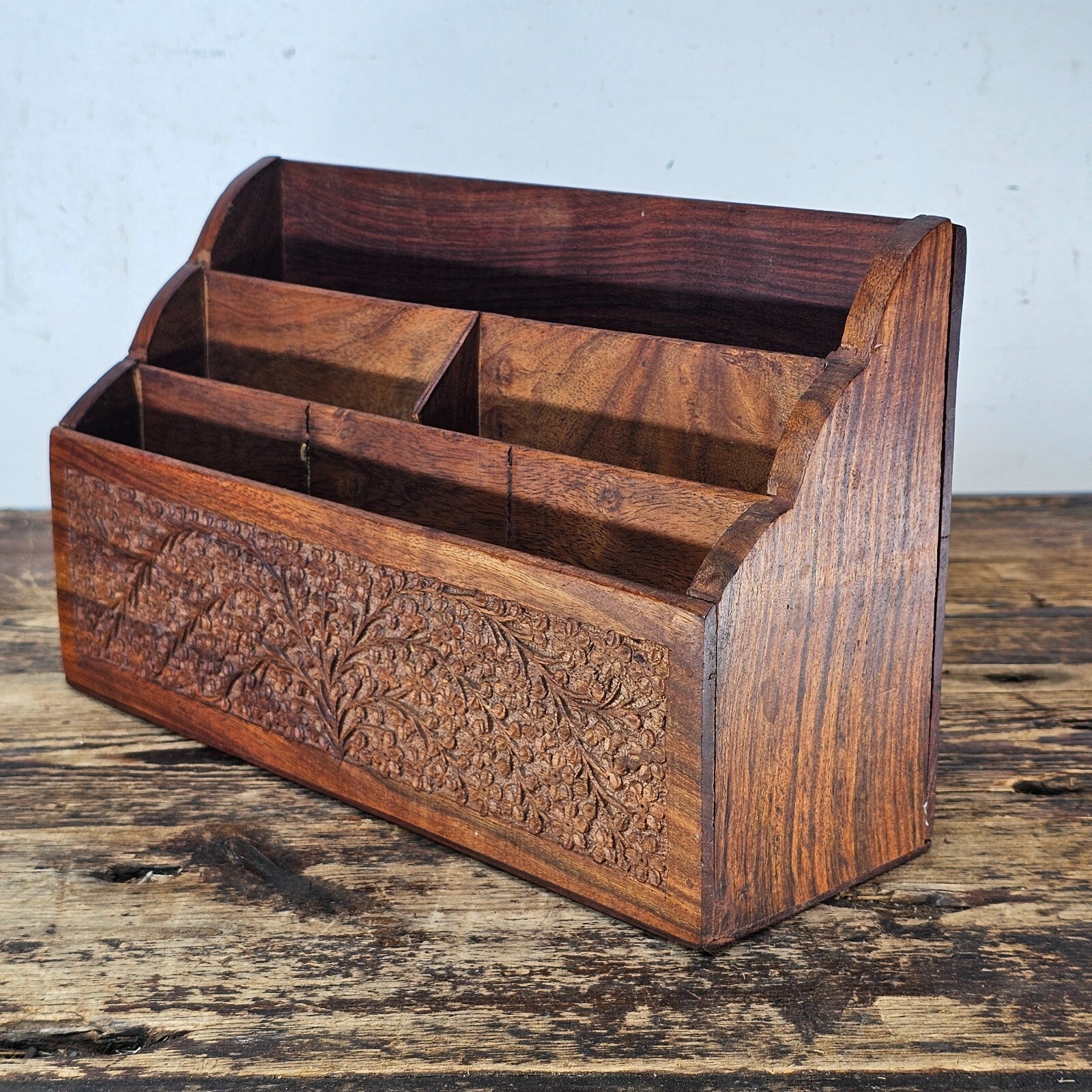 Vintage Indian Floral Wood Carved Desk Letter Stationery Rack