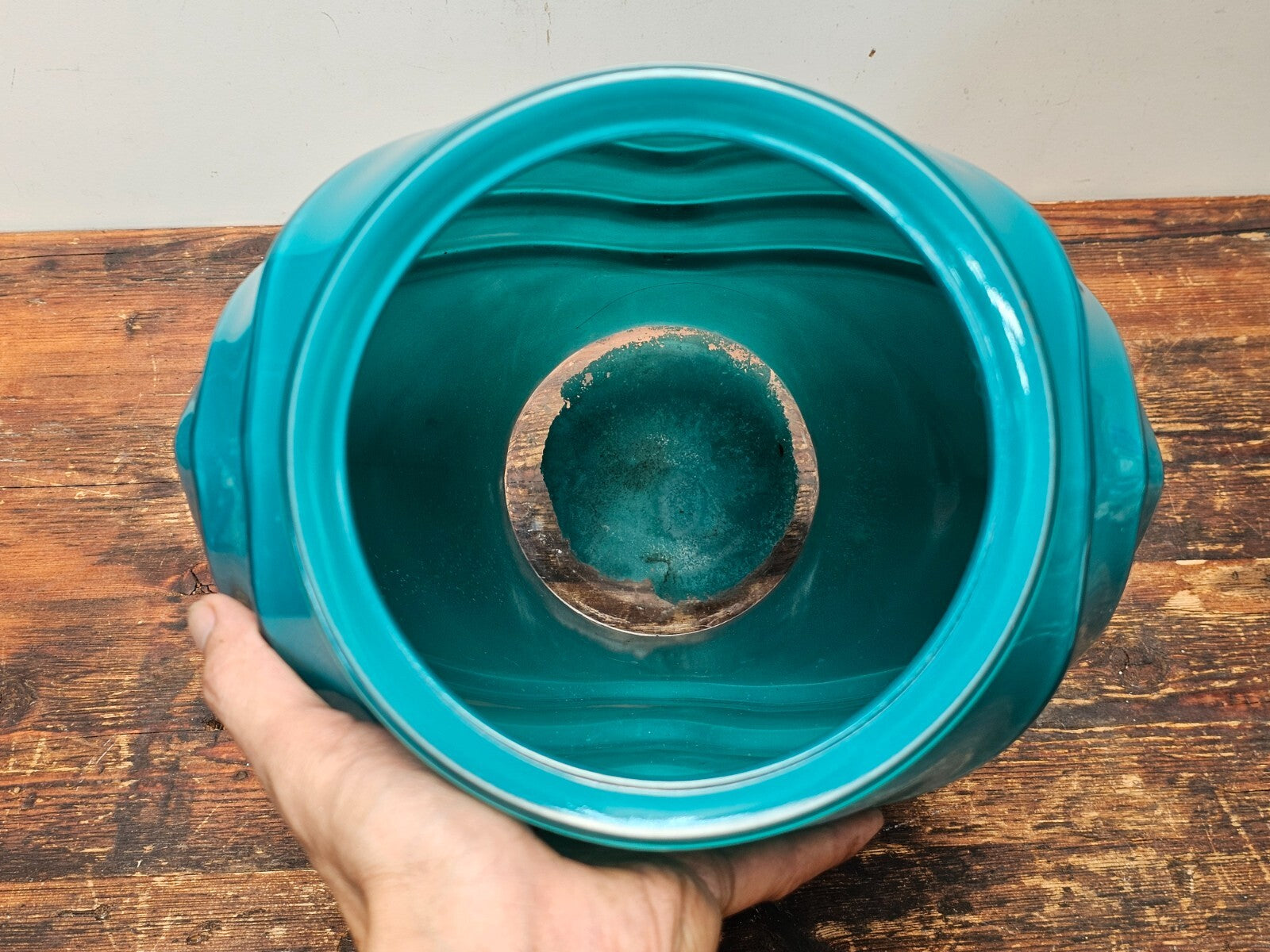 Large Art Deco Jade Color Scalloped Glass Flower Vase 11" x 8" x 16"H