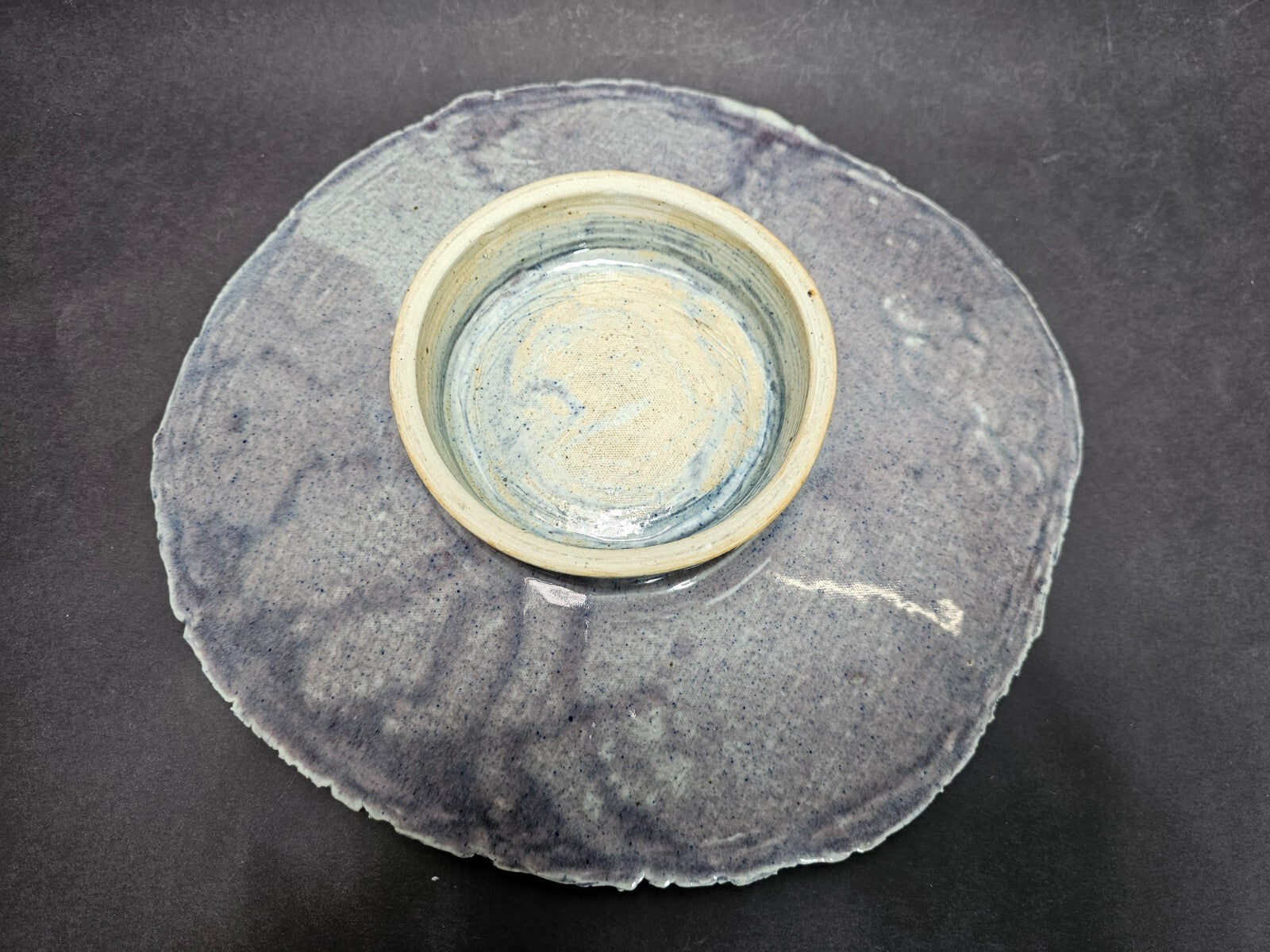 Vintage Studio Art Pottery Japanese Style Gray Plate Floral Design 12.5" x 13.5"