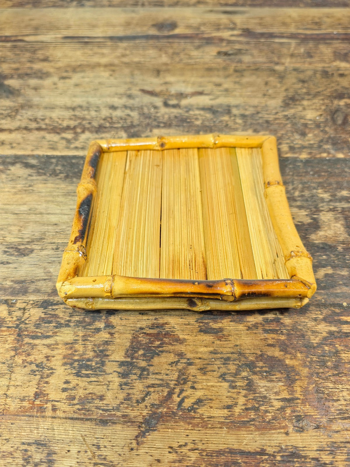 Vintage Handmade Bamboo Square Tray – 5.5" Natural Display Stand / Coaster