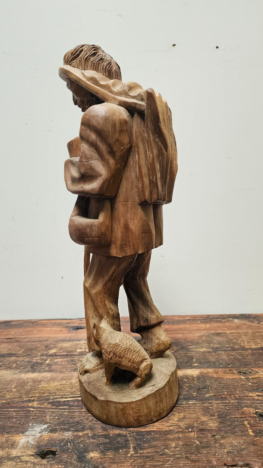 Vintage Hand Carved Solid Wood Figure Traveler With Cat Statue Vagabond 20" Tall