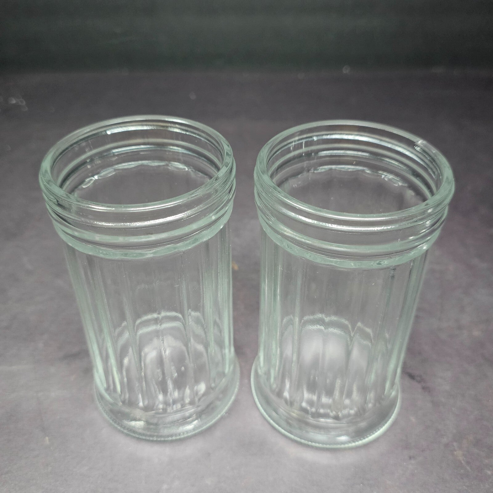 Set of 2 Side Flap Top Sugar Dispenser Glass Jar Vintage 3" D x 5.5" H
