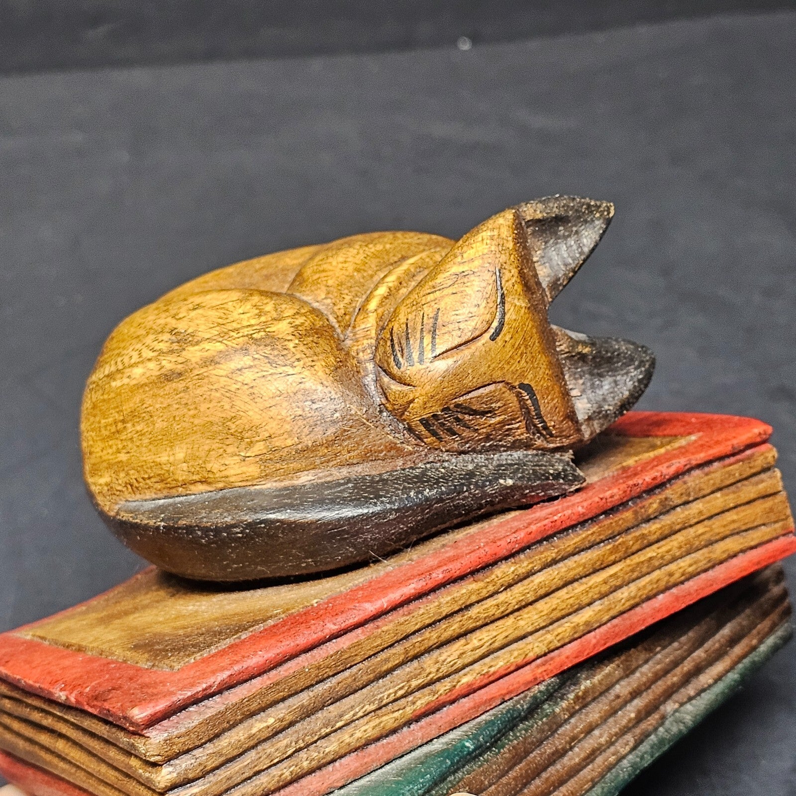 Vintage Mandalay Box Co. Cat Sleeping On Books 5" x 4" x 4"H