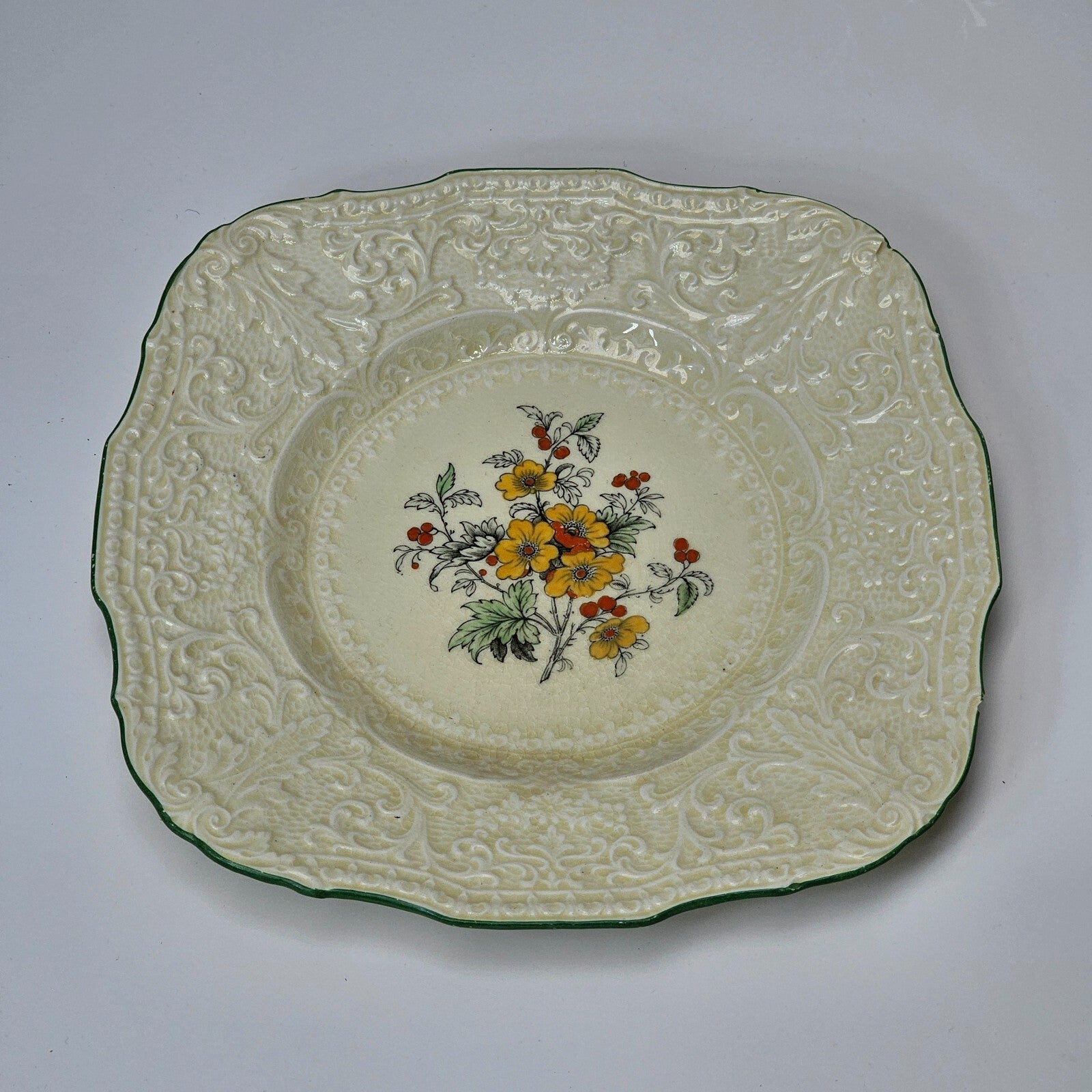 Ridgewood Royal Cauldon England Est 1774 Square Floral Ivory Dinner Plate 8 1/2"