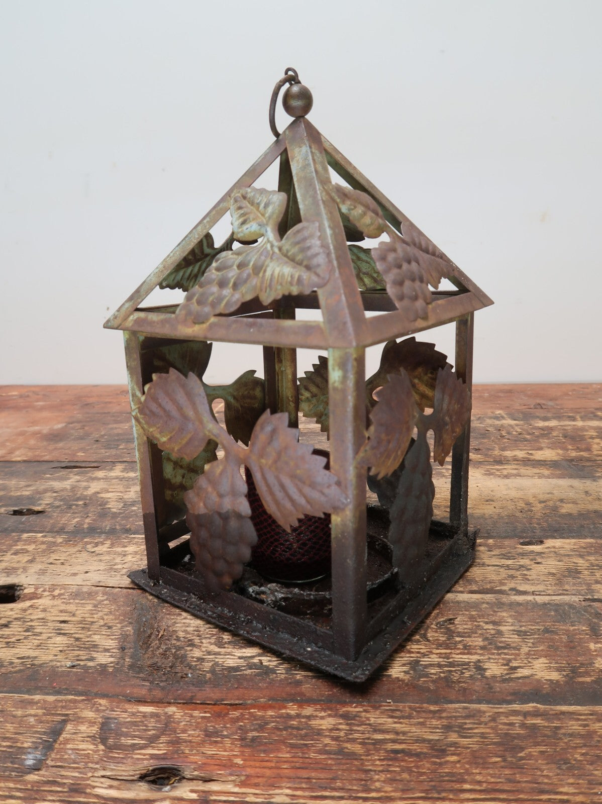 Metal Grape Motif Candle Lantern Weathered Rustic Lantern Patina 6" x 6" x H 10"