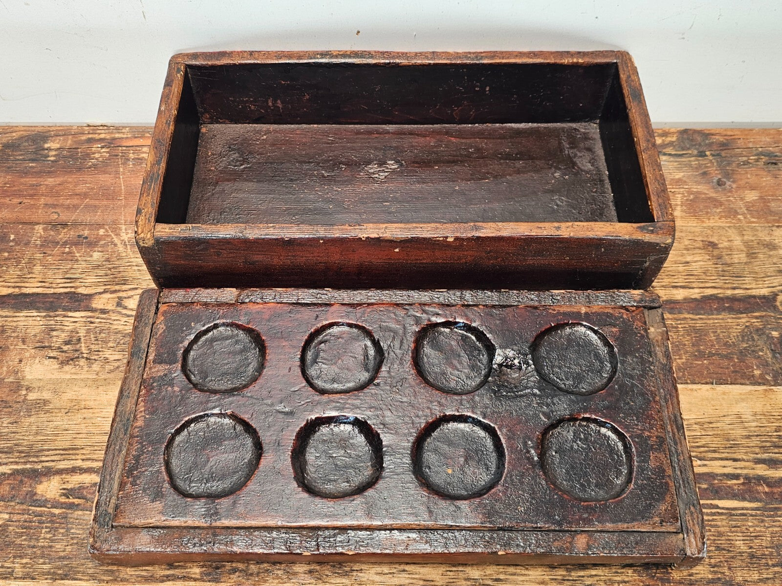 Antique Primitive Wooden Apothecary Box with 8 Wells & Lid