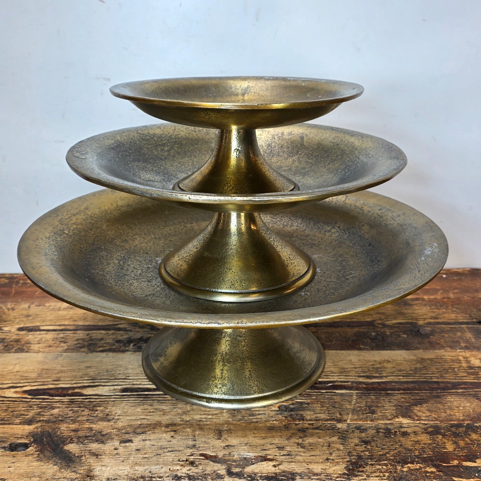 Set of 3 Gold Pedestal Display Dishes — Cast Aluminum, Textured Finish