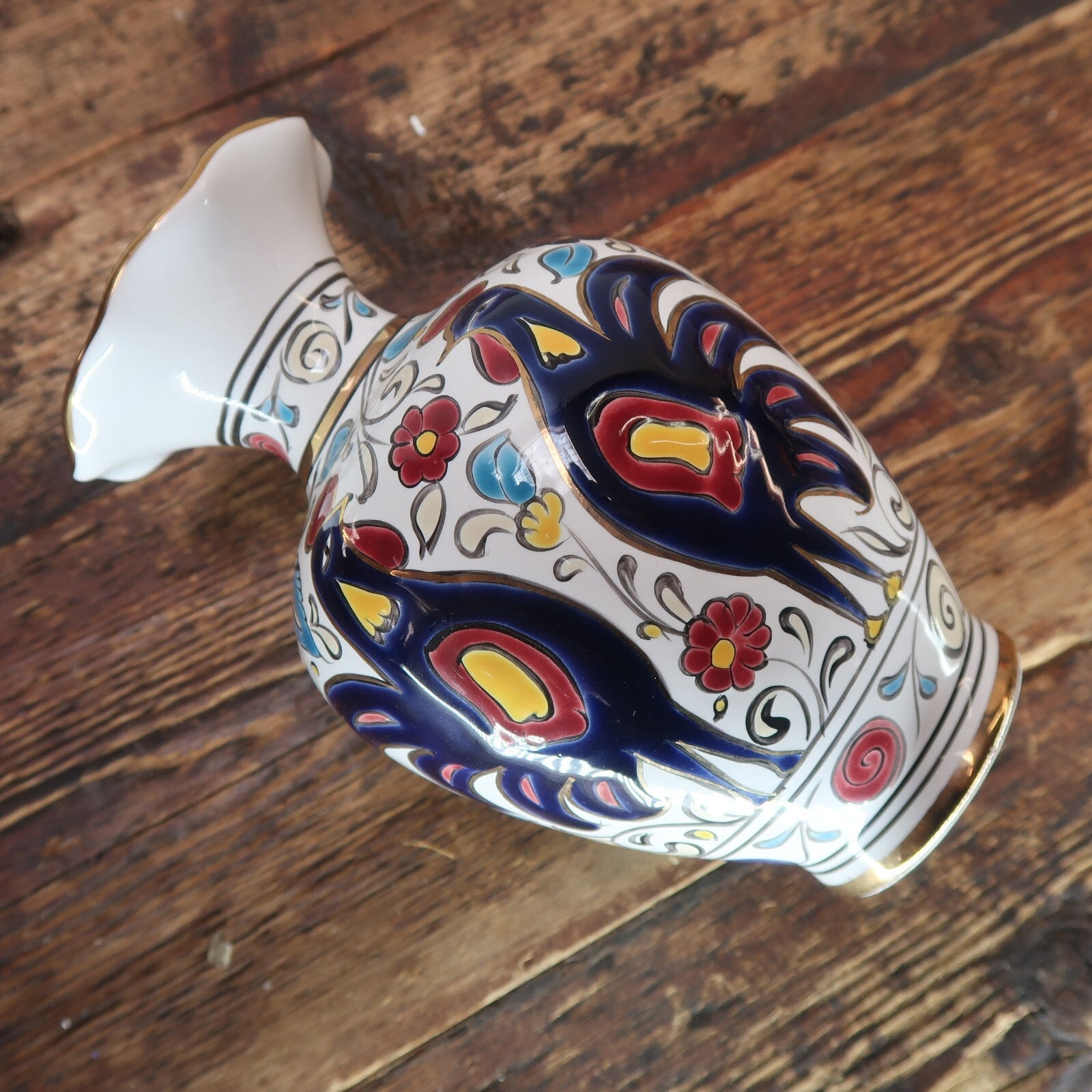 Manousakis Keramik Rodos Greece Greek Ceramic Vase Navy Roosters H 6.5"