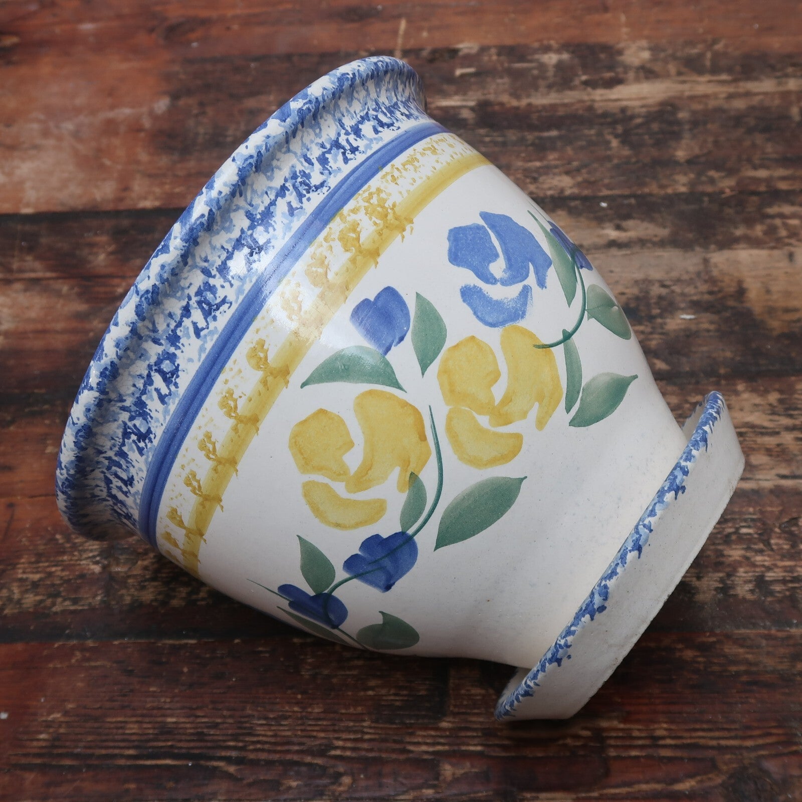 Porcelain Pot Attached Saucer Blue Yellow White Floral 9" x 9" x H 8"