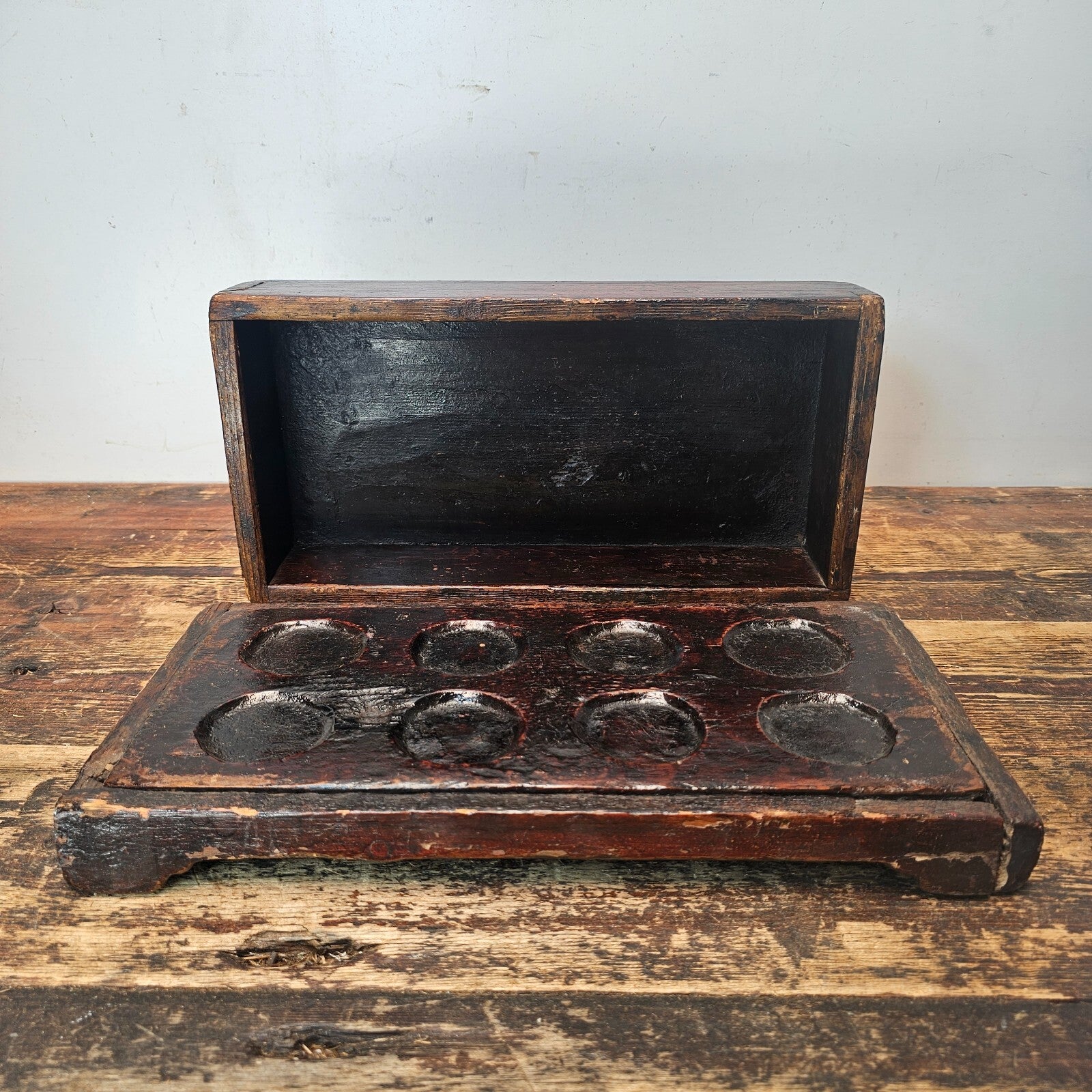 Antique Primitive Wooden Apothecary Box with 8 Wells & Lid