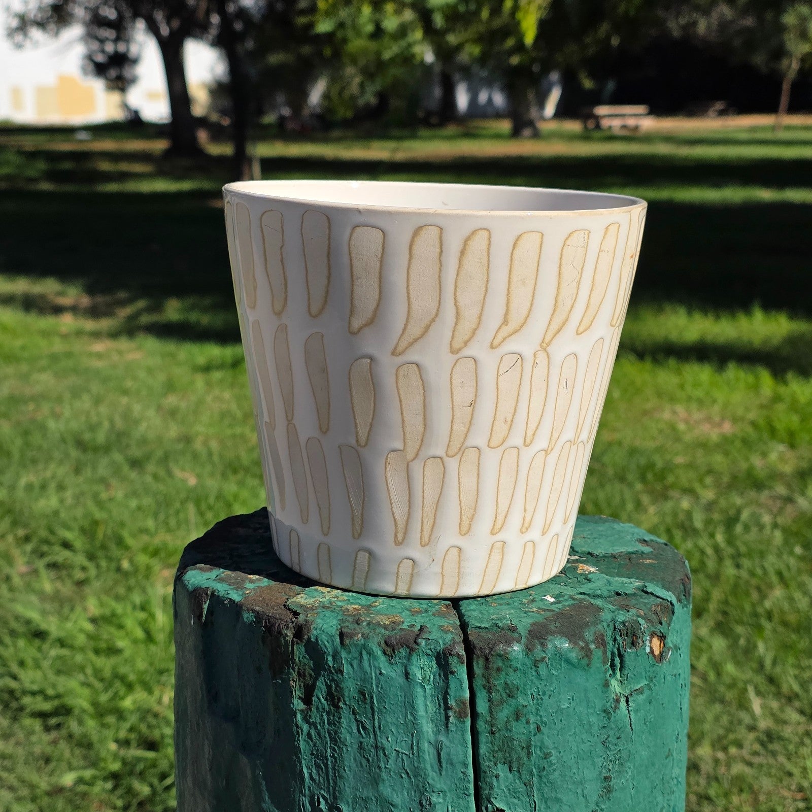 Modern Ceramic Planter with Carved Pattern, 7-Inch Pot